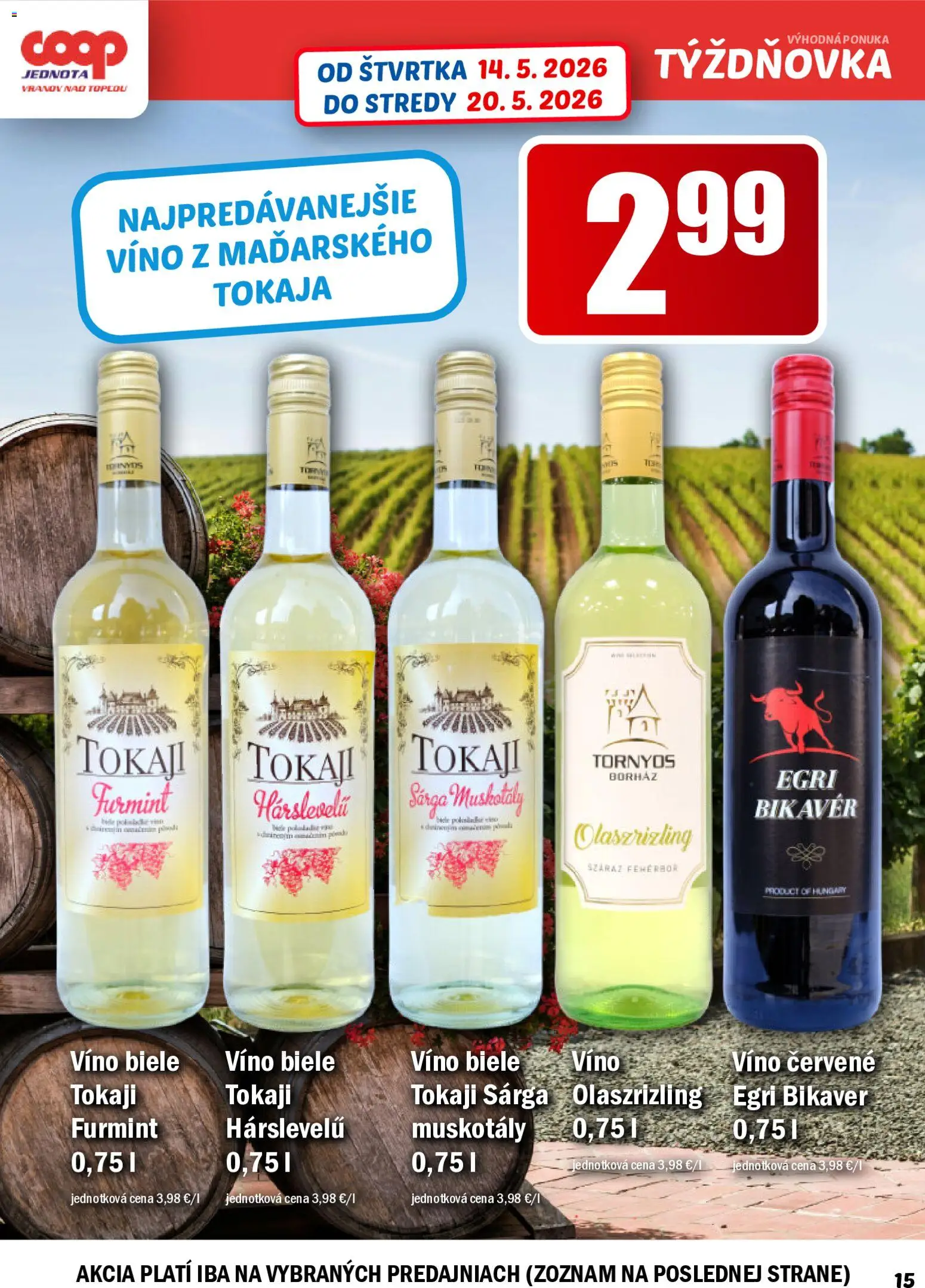 Nové COOP Jednota akcie – leták je platný od 14.05.2026 | Strana: 15 | Produkty: Biele víno, Víno