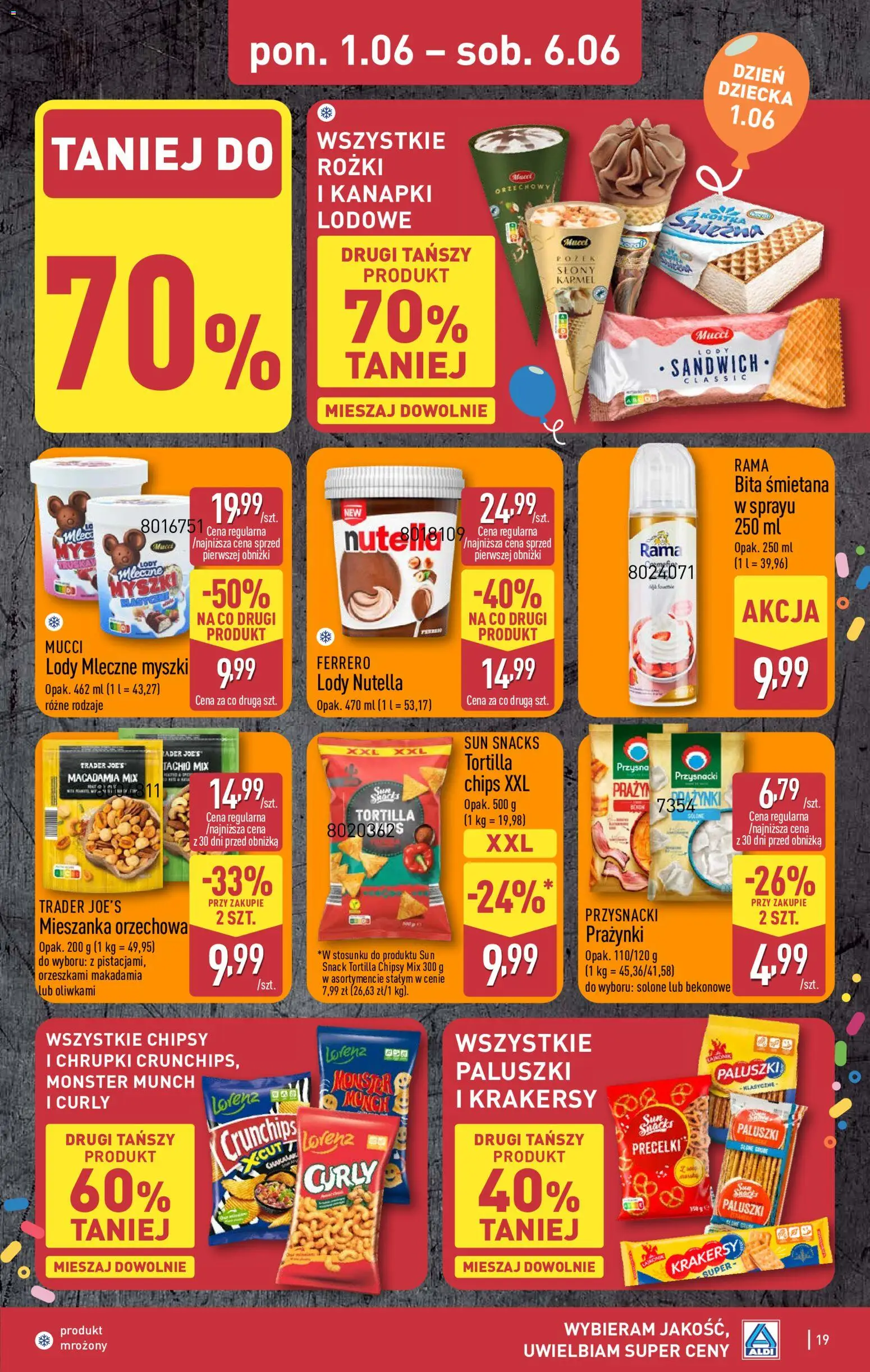 Aldi gazetka od 01.06.2026 | Strona: 19 | Produkty: Nutella, Sandwich, Tortilla, Paluszki