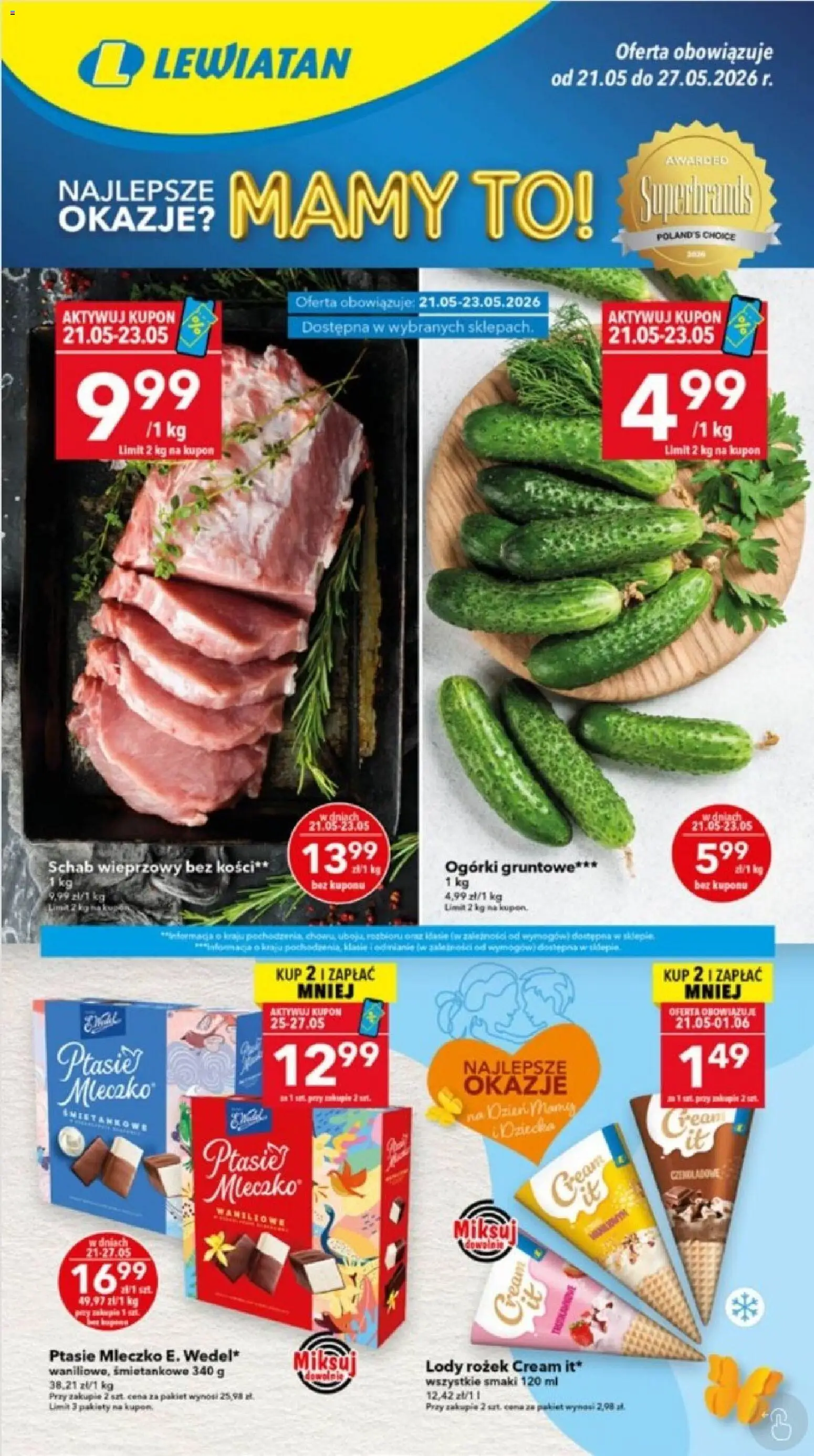 Lewiatan gazetka - Ostrów Wielkopolski od 21.05.2026 | Strona: 1 | Produkty: Schab, Ptasie mleczko, Ogórki, Ogórki gruntowe