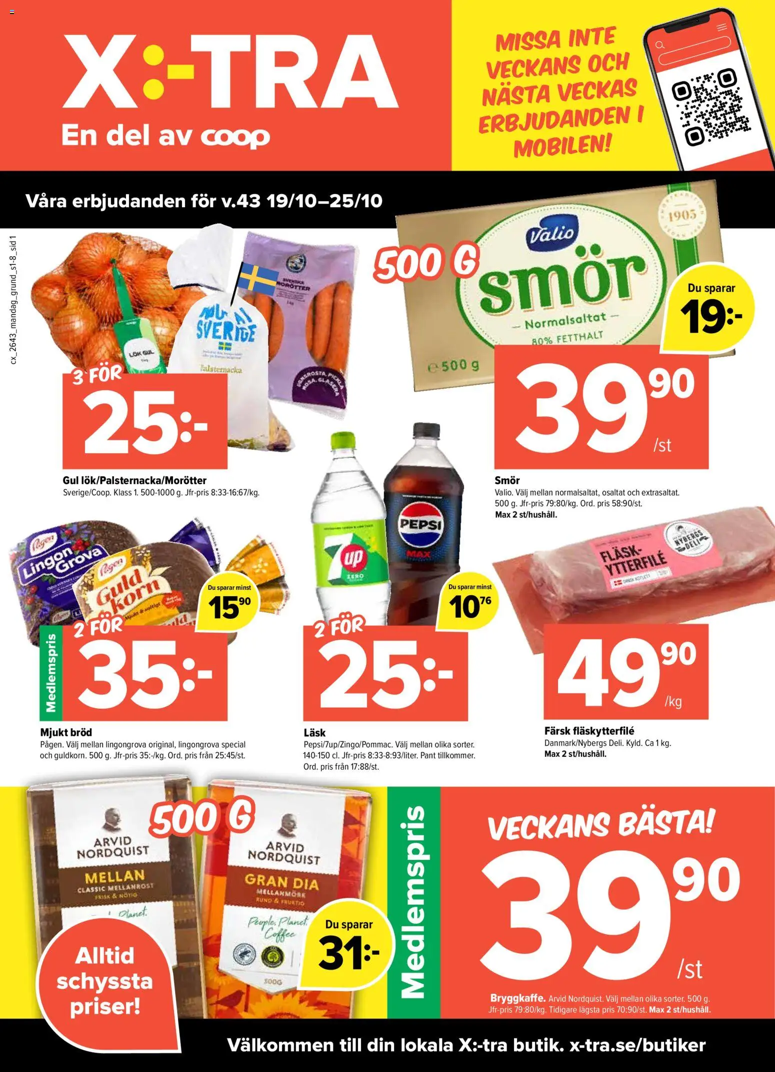 Coop X:-TRA reklamblad aktuell från 19/10/2026 | Sida: 1 | Produkter: Pepsi Max, Lingongrova, Smör, Fläsk