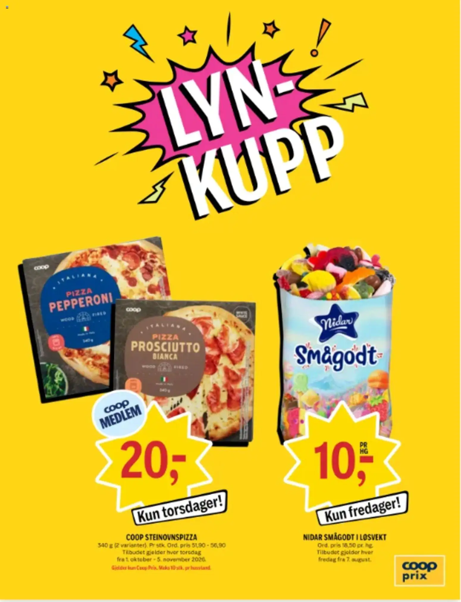 {H1} | Side: 1 | Produkter: Pizza, Smågodt, Lyng, Prosciutto