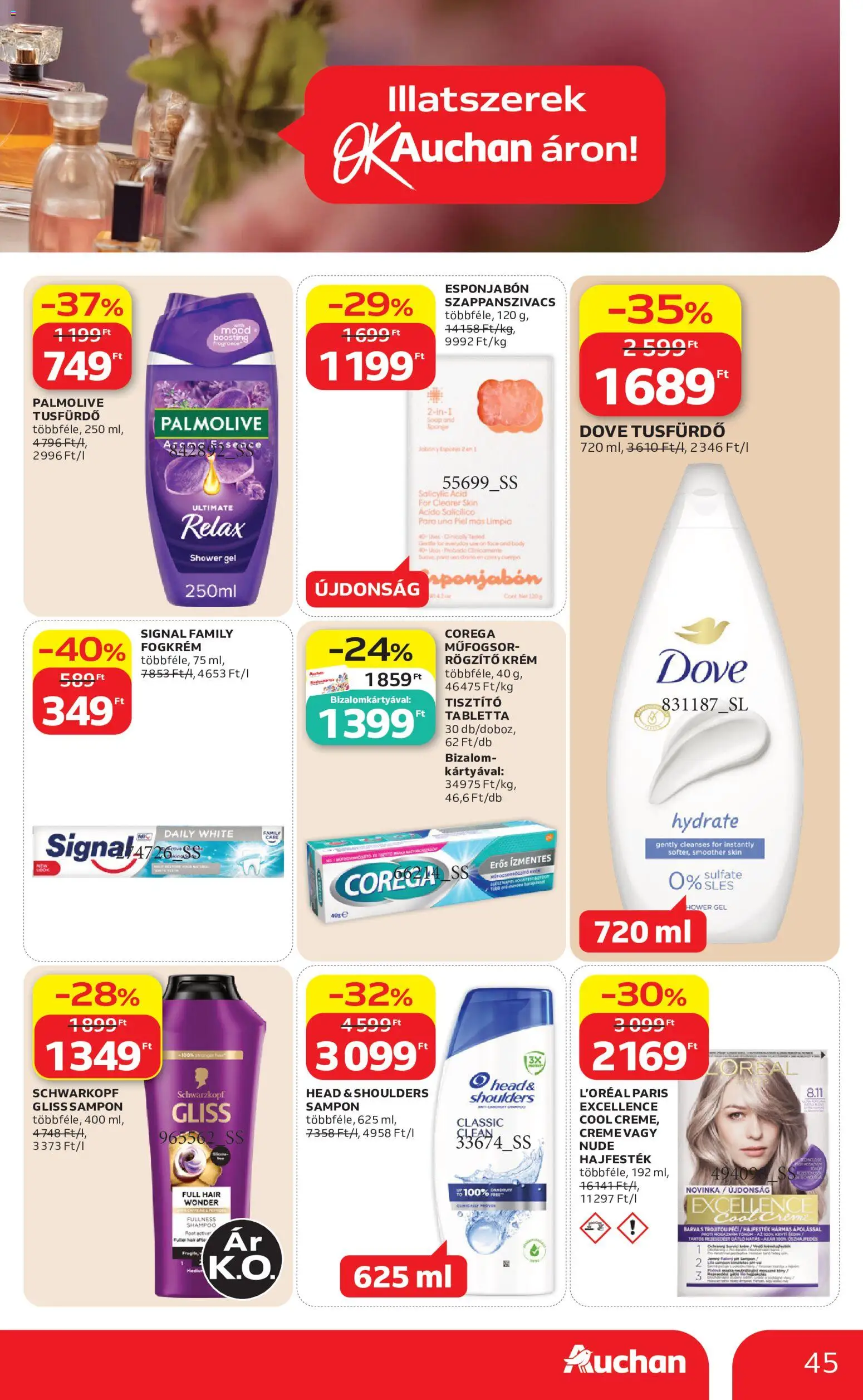Auchan akciós ujság - amely érvényes a következő dátumtól: 2026.07.16. | Oldal: 45 | Termékek: Hajfesték, Sampon, Tusfürdő, Fogkrém