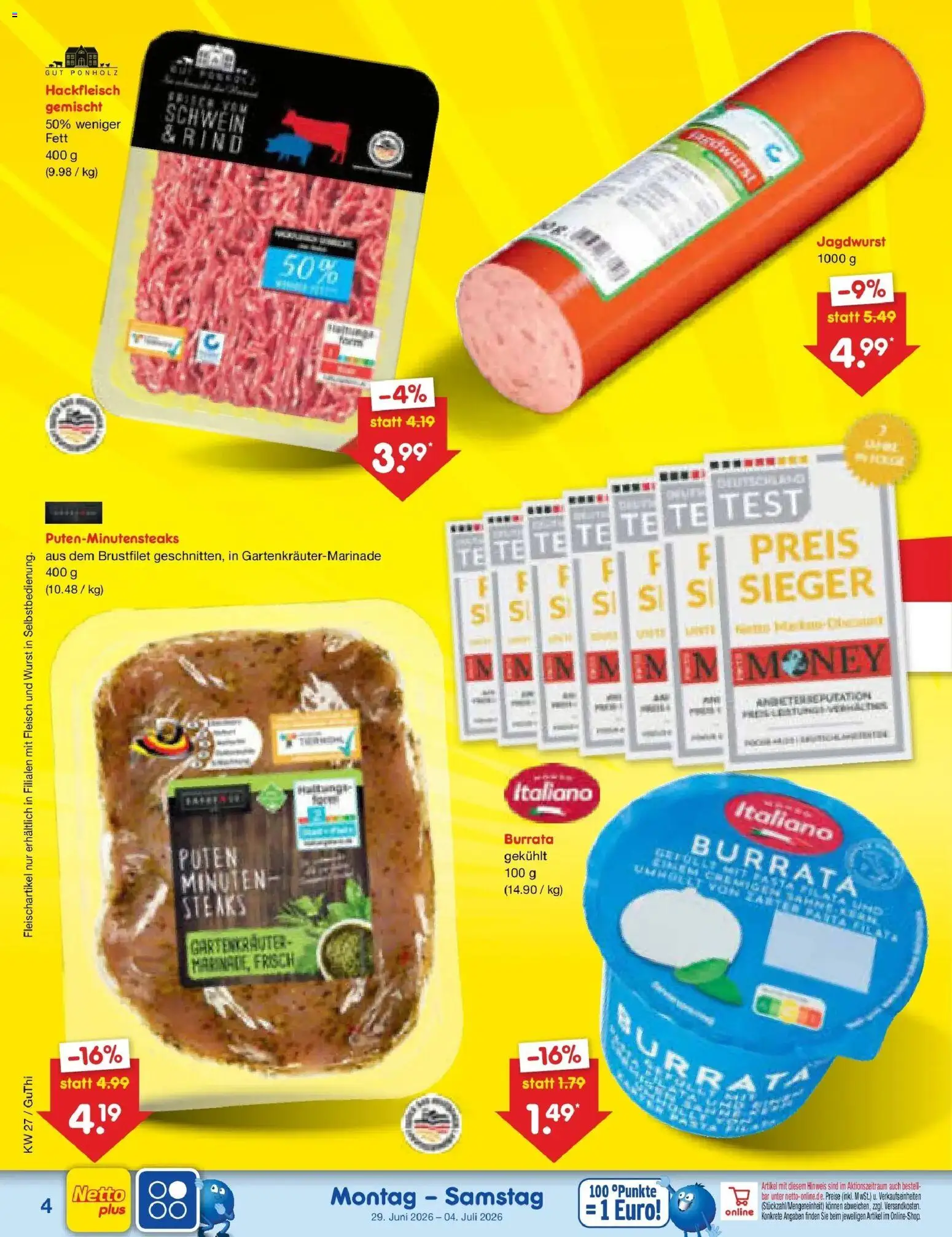 Netto Marken-Discount Prospekt Thiendorf – gültig ab 29.06.2026 | Seite: 4 | Produkte: Burrata, Wurst, Fleisch, Hackfleisch