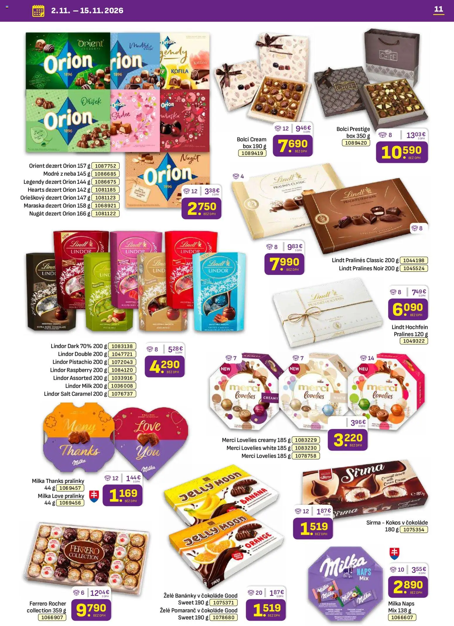 Nové Libex akcie – leták je platný od 02.11.2026 | Strana: 11 | Produkty: Kokos, Merci, Ferrero Rocher, Dezert