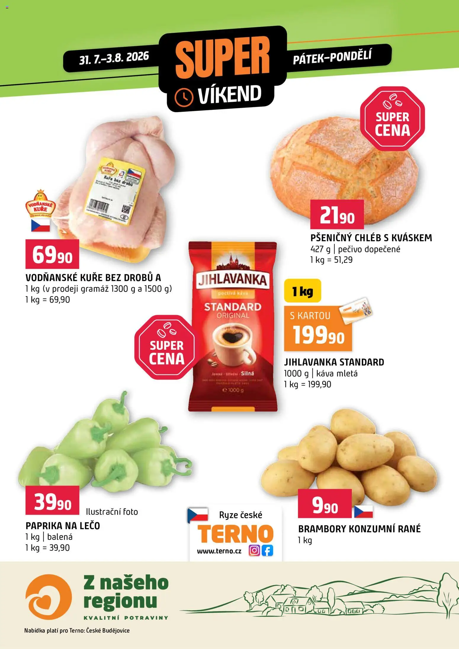Terno leták - Super víkend od 31.07.2026 | Strana: 1 | Produkty: Káva, Jihlavanka, Potraviny, Paprika na lečo
