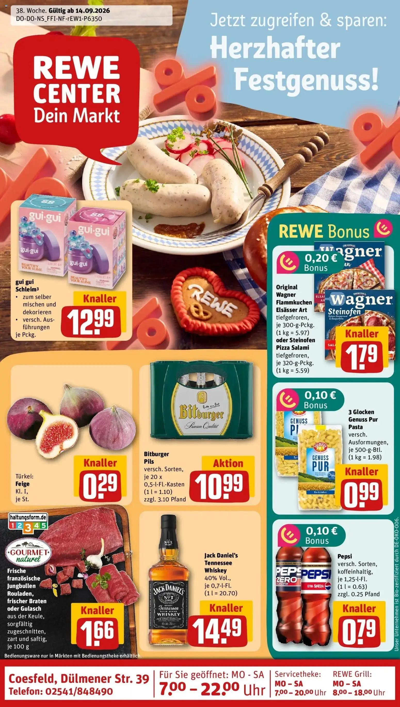 REWE Prospekt ab 14.09.2026 zum Blättern » Angebote | Seite: 1 | Produkte: Bitburger, Grill, Pasta, Salami