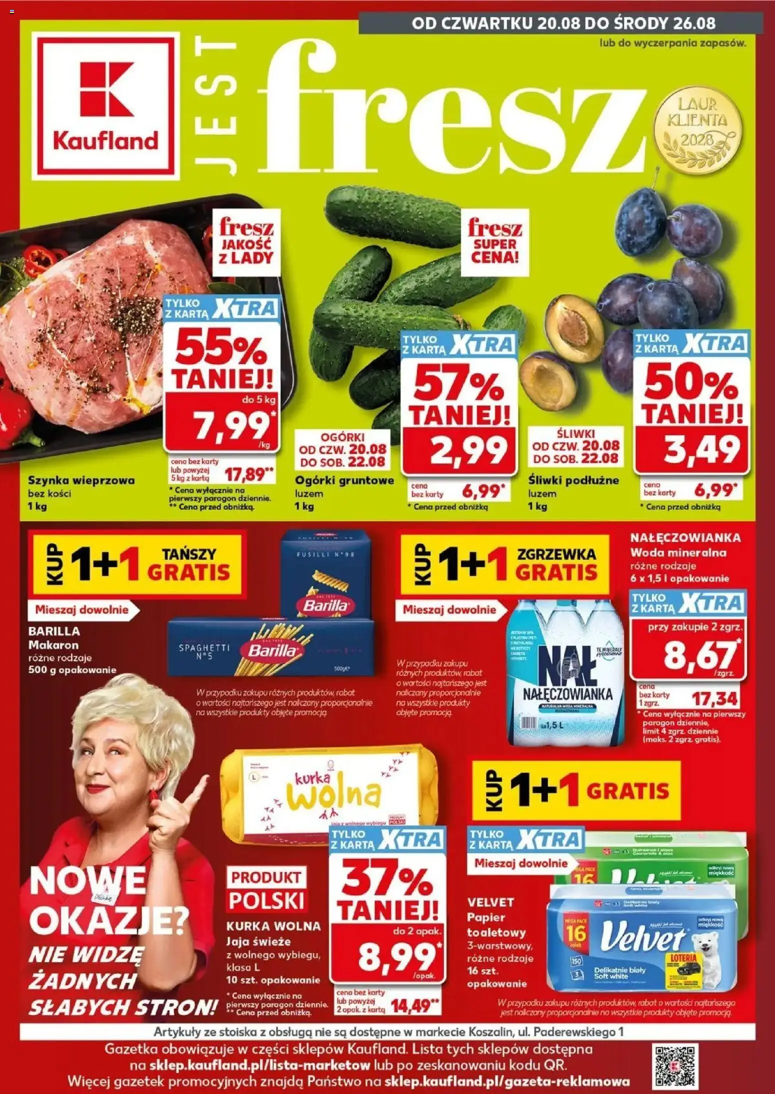 Kaufland gazetka od 20.08.2026 - od jutra PDF | Strona: 1 | Produkty: Papier toaletowy, Woda mineralna, Barilla, Śliwki
