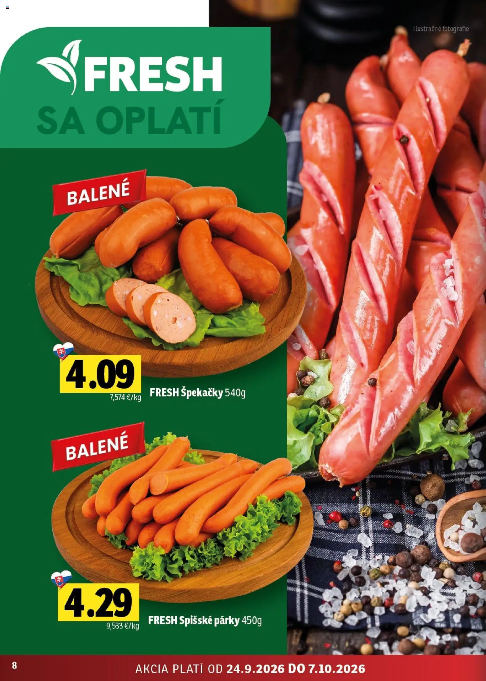 Nové Fresh akcie – leták je platný od 24.09.2026 | Strana: 8 | Produkty: Párky