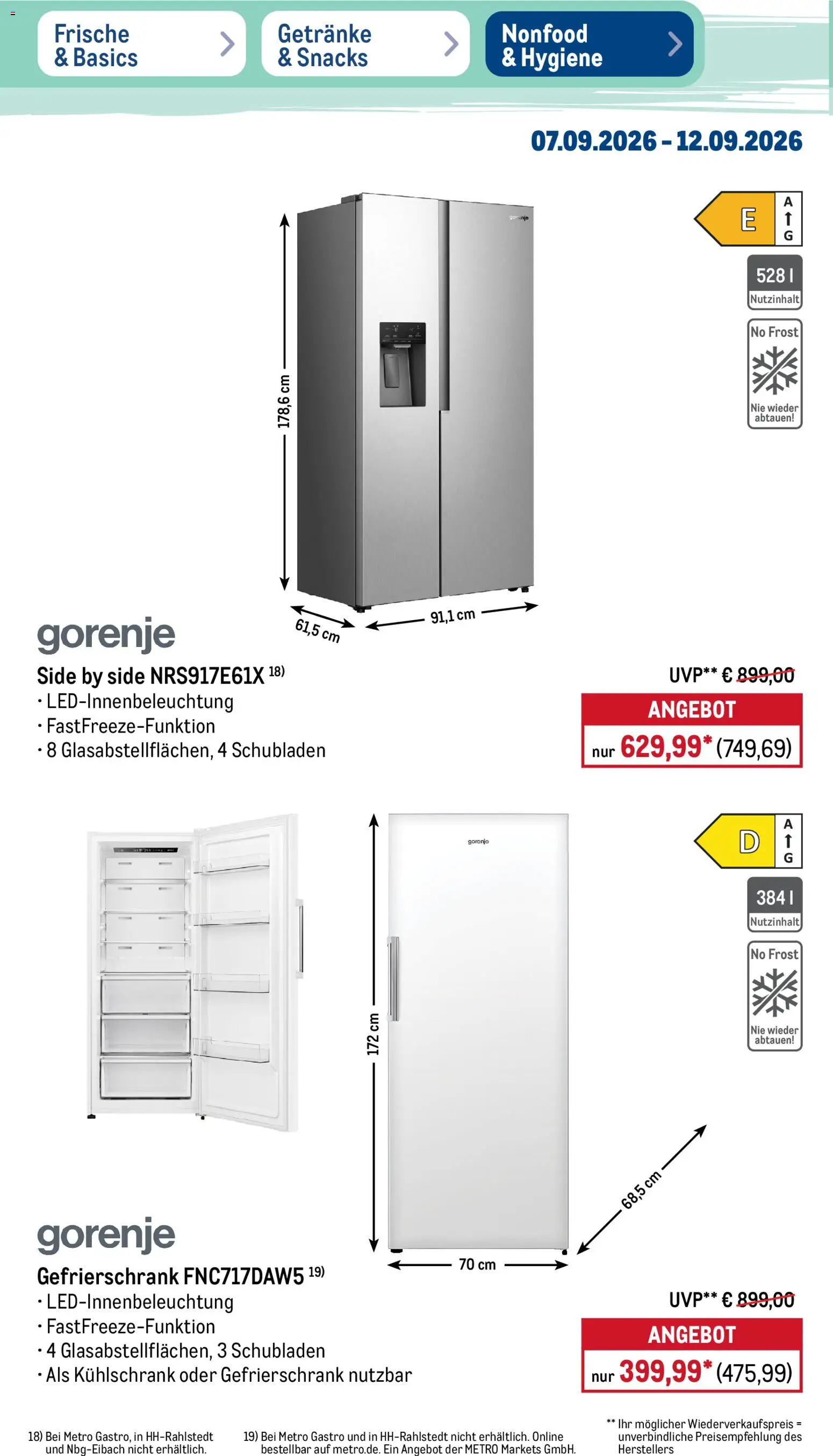 Metro NonFood-Angebote – gültig ab 07.09.2026 | Seite: 12 | Produkte: Gorenje, Gefrierschrank, Kühlschrank