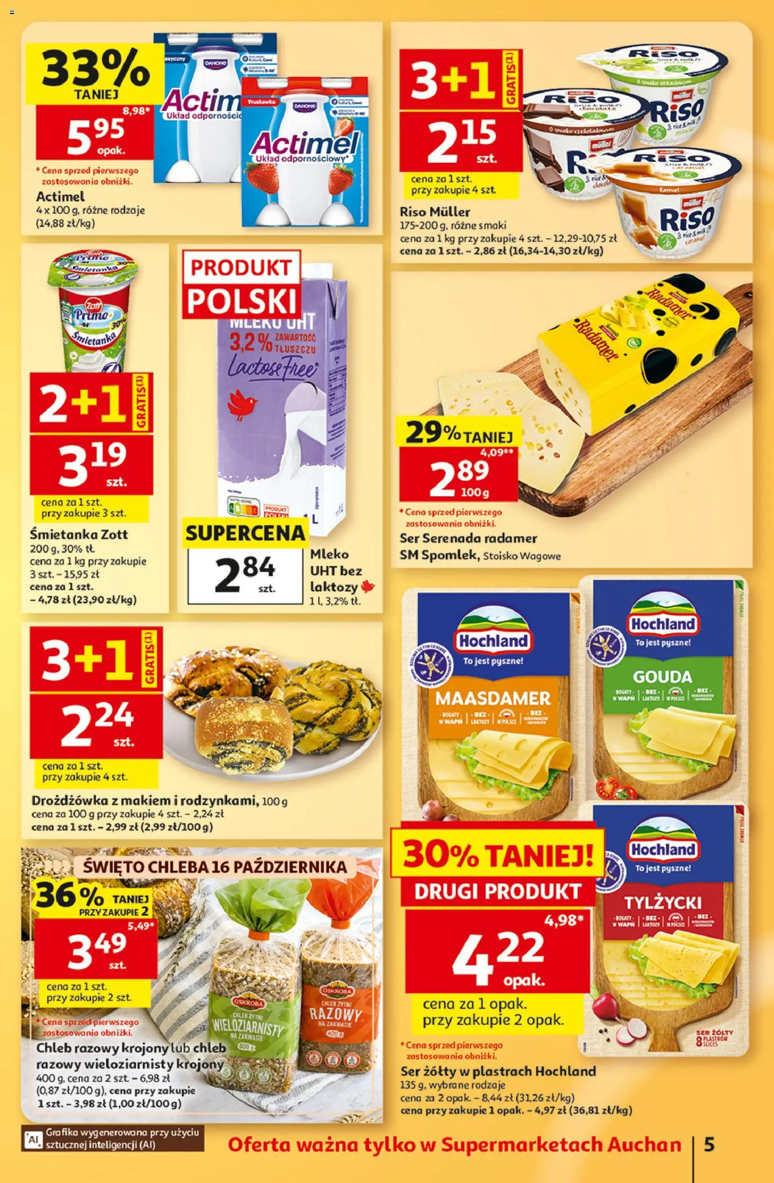 Auchan gazetka od 15.10.2026 | Strona: 5 | Produkty: Ser żółty, Mleko, Chleb, Drożdżówka z makiem