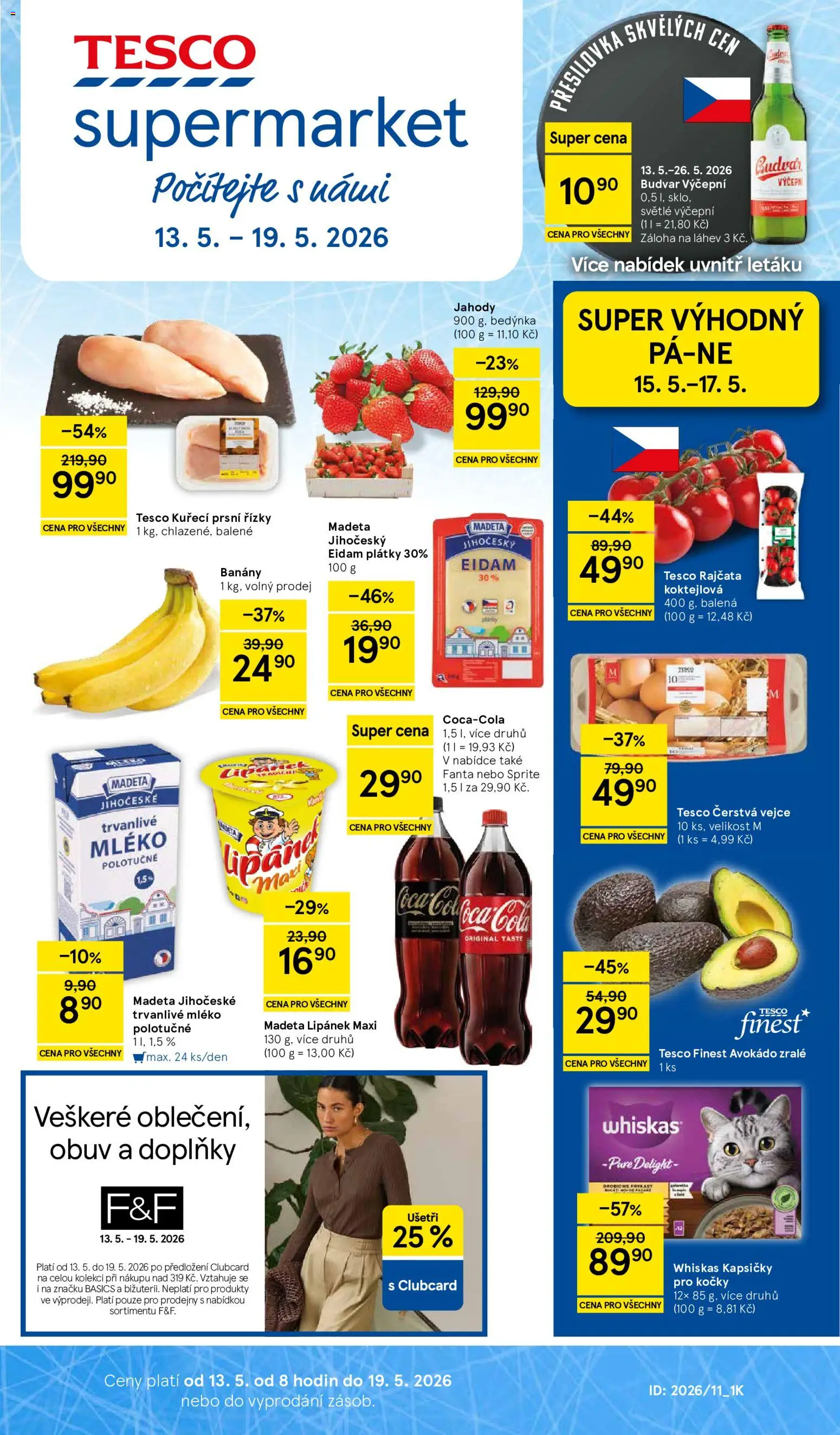 Tesco leták - Supermarket od 13.05.2026 | Strana: 1 | Produkty: Lipánek, Vejce, Banány, Jahody
