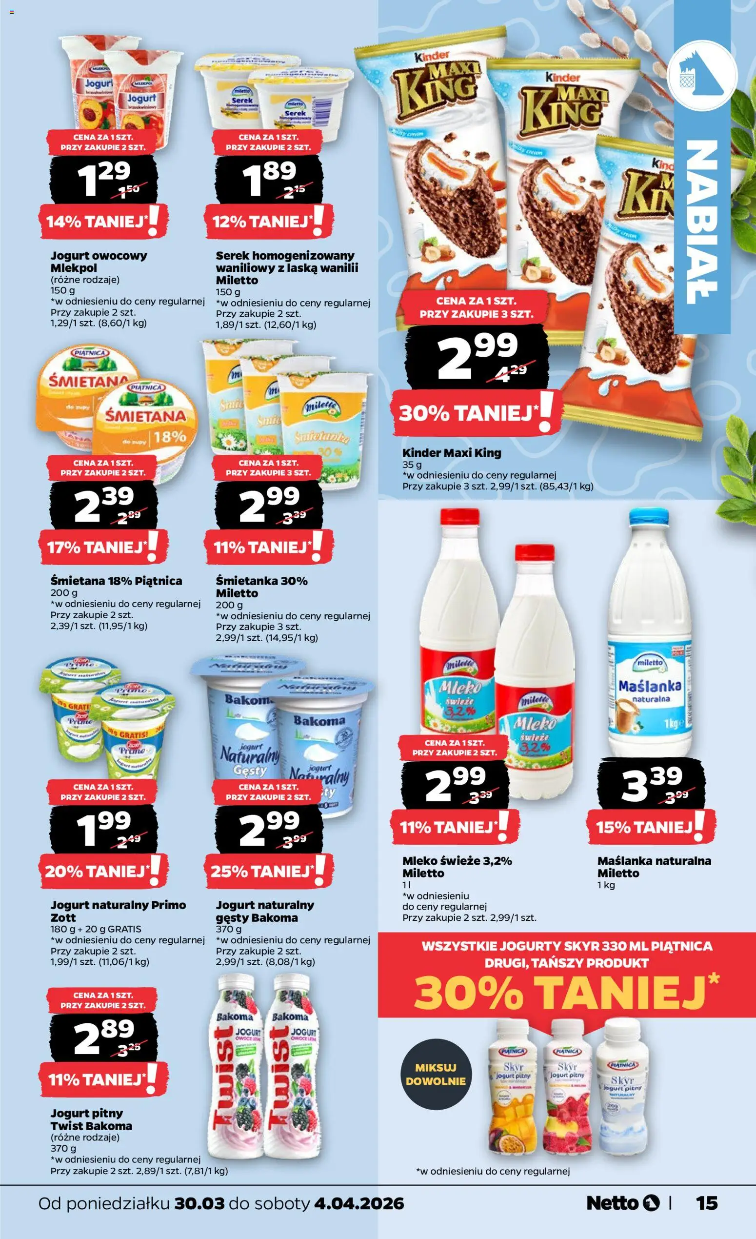 Netto gazetka od poniedziałku spożywcza od 30.03.2026 | Strona: 15 | Produkty: Serek homogenizowany, Maślanka, Serek, Jogurt