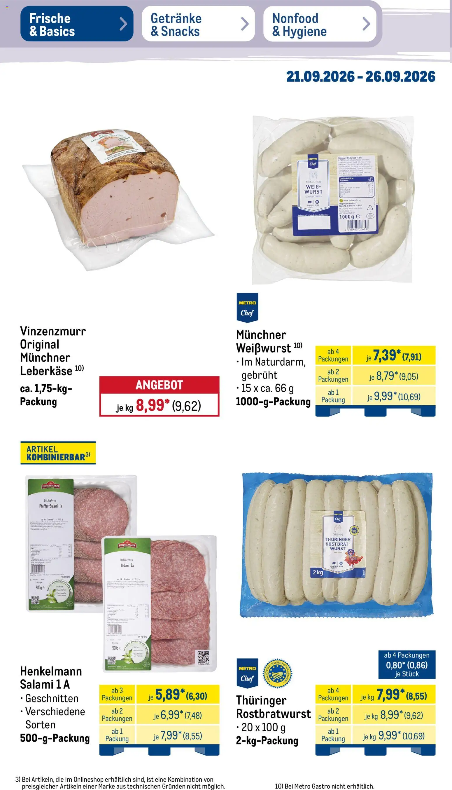 Metro Prospekt – gültig ab 21.09.2026 | Seite: 12 | Produkte: Weißwurst, Wurst, Salami, Leberkase