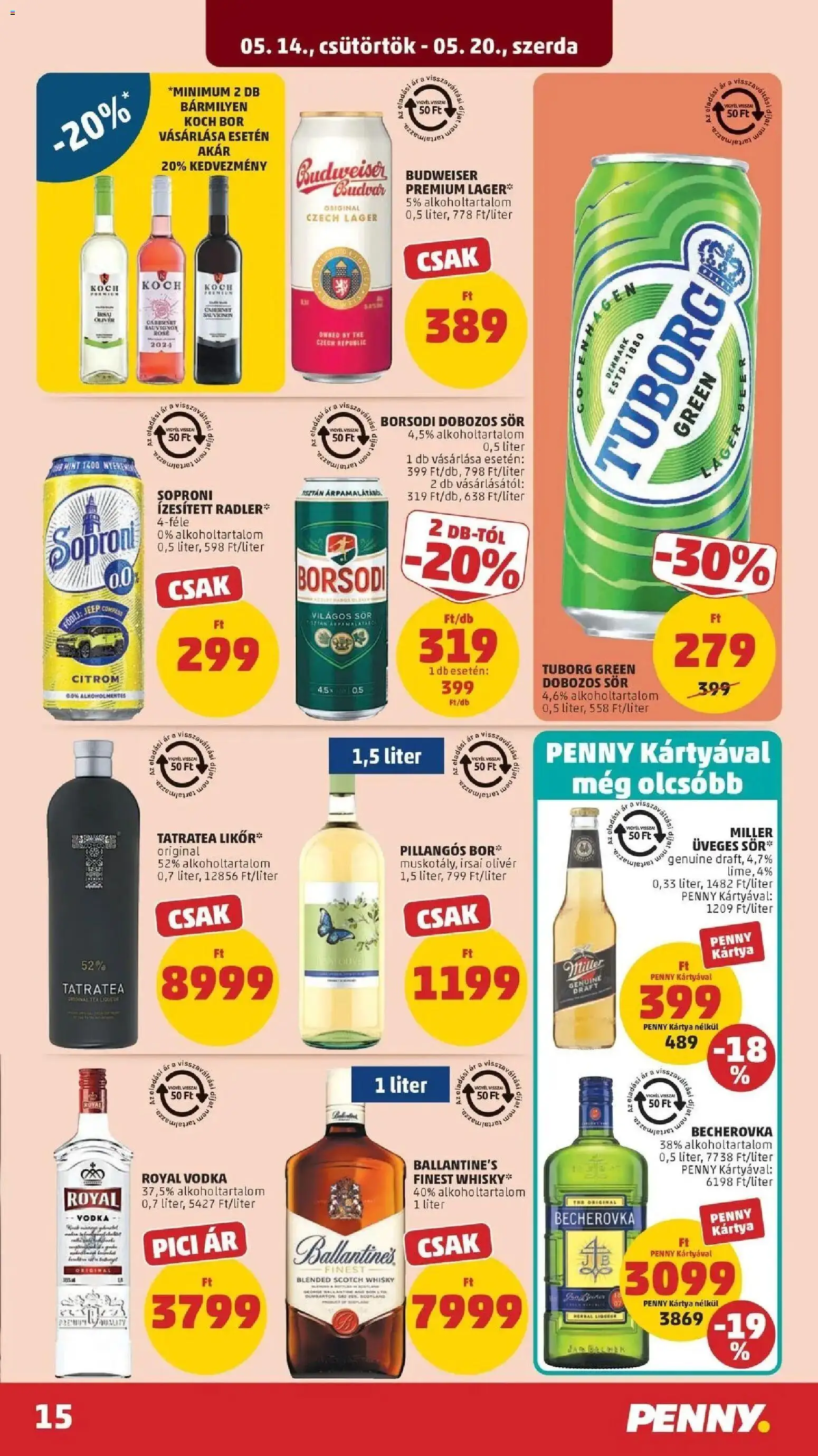 PENNY akciós ujság - amely érvényes a következő dátumtól: 14.05.2026 | Oldal: 15 | Termékek: Radler, Budweiser, Bor, Sör