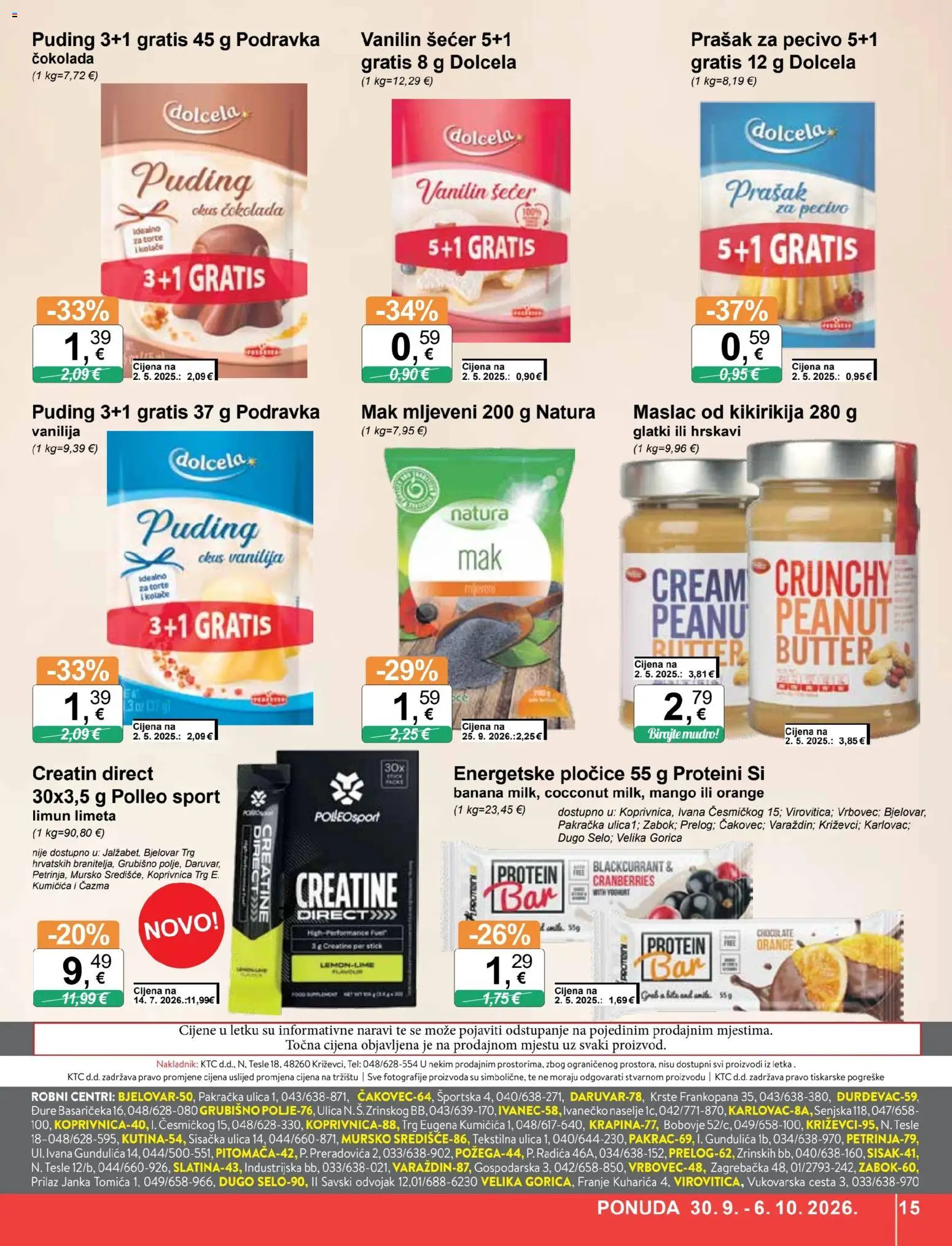 KTC katalog | vrijedi od 30.09.2026 | Stranica: 15 | Proizvodi: Protein, Pločice, Maslac od kikirikija, Vanilin šećer