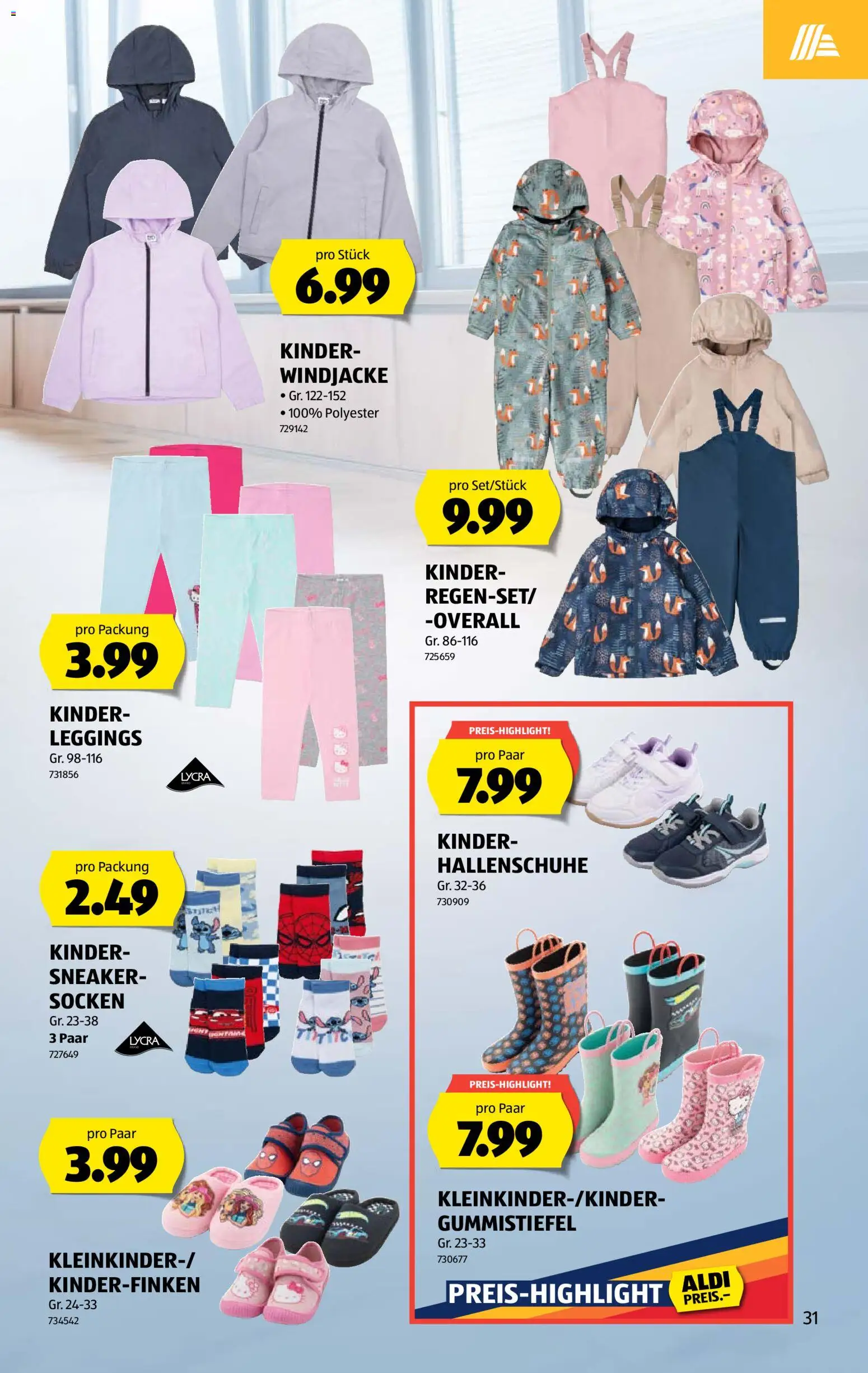 Aldi aktionen – gültig ab 20.08.2026 | Seite: 31 | Produkte: Overall, Leggings, Socken, Gummistiefel
