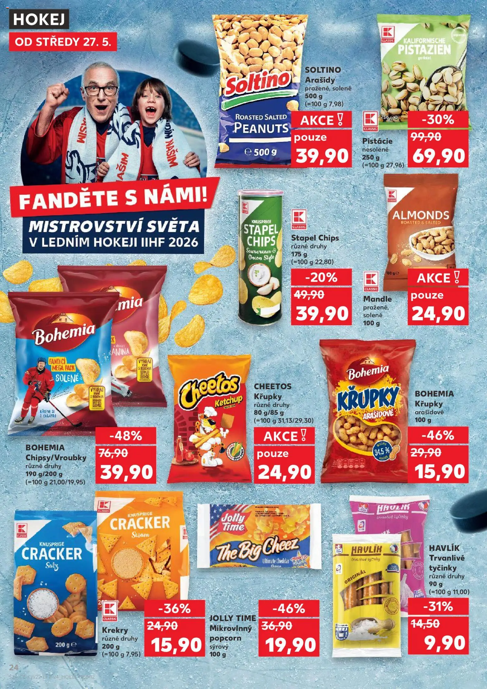 Kaufland leták - Plzeň Bory od 27.05.2026 | Strana: 24 | Produkty: Arašídy, Popcorn, Křupky, Cheddar