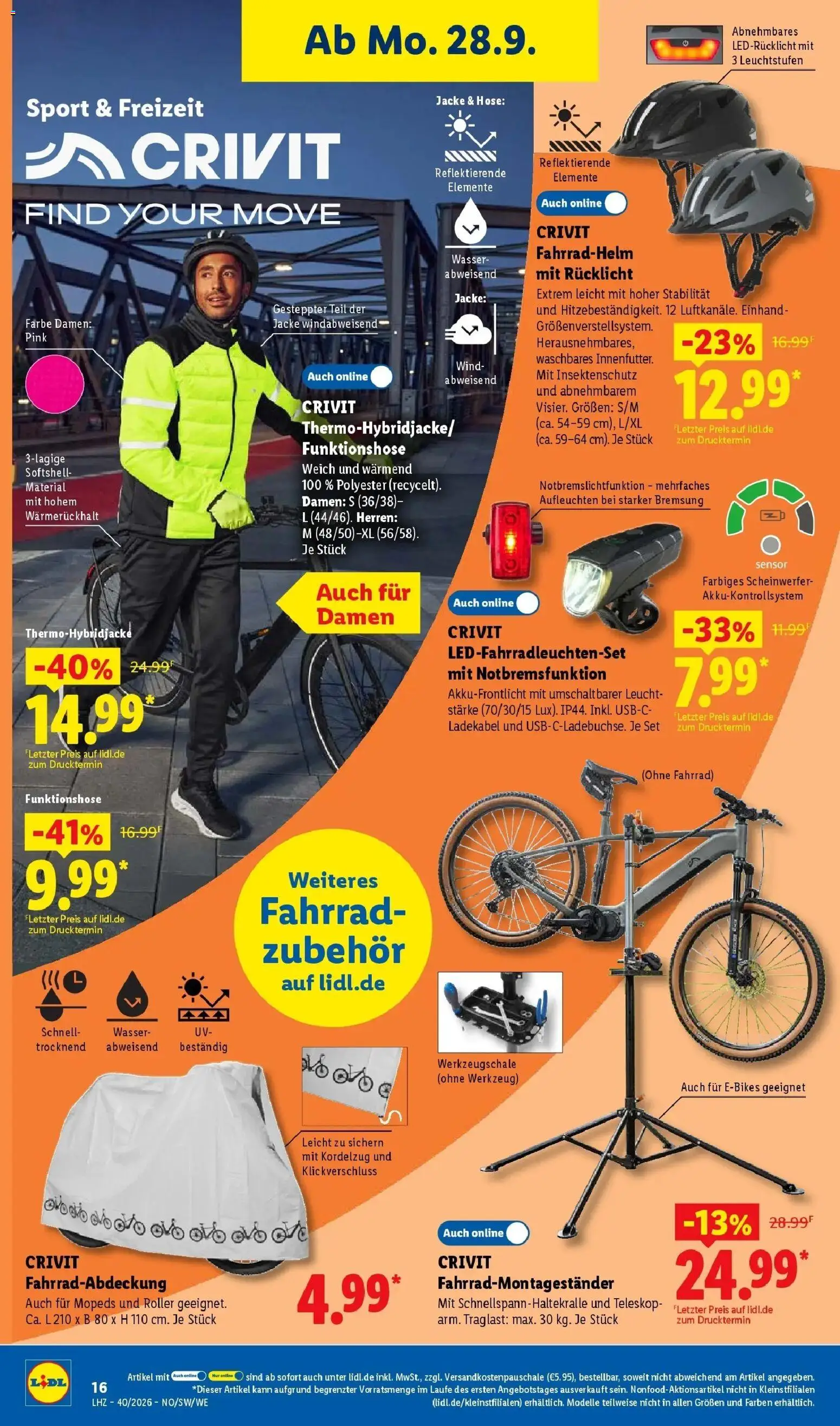 Lidl Prospekt Künzell (ab 28.09.2026) zum Blättern » Angebote | Seite: 32 | Produkte: Fahrradhelm, Wasser, Ladekabel, Hose