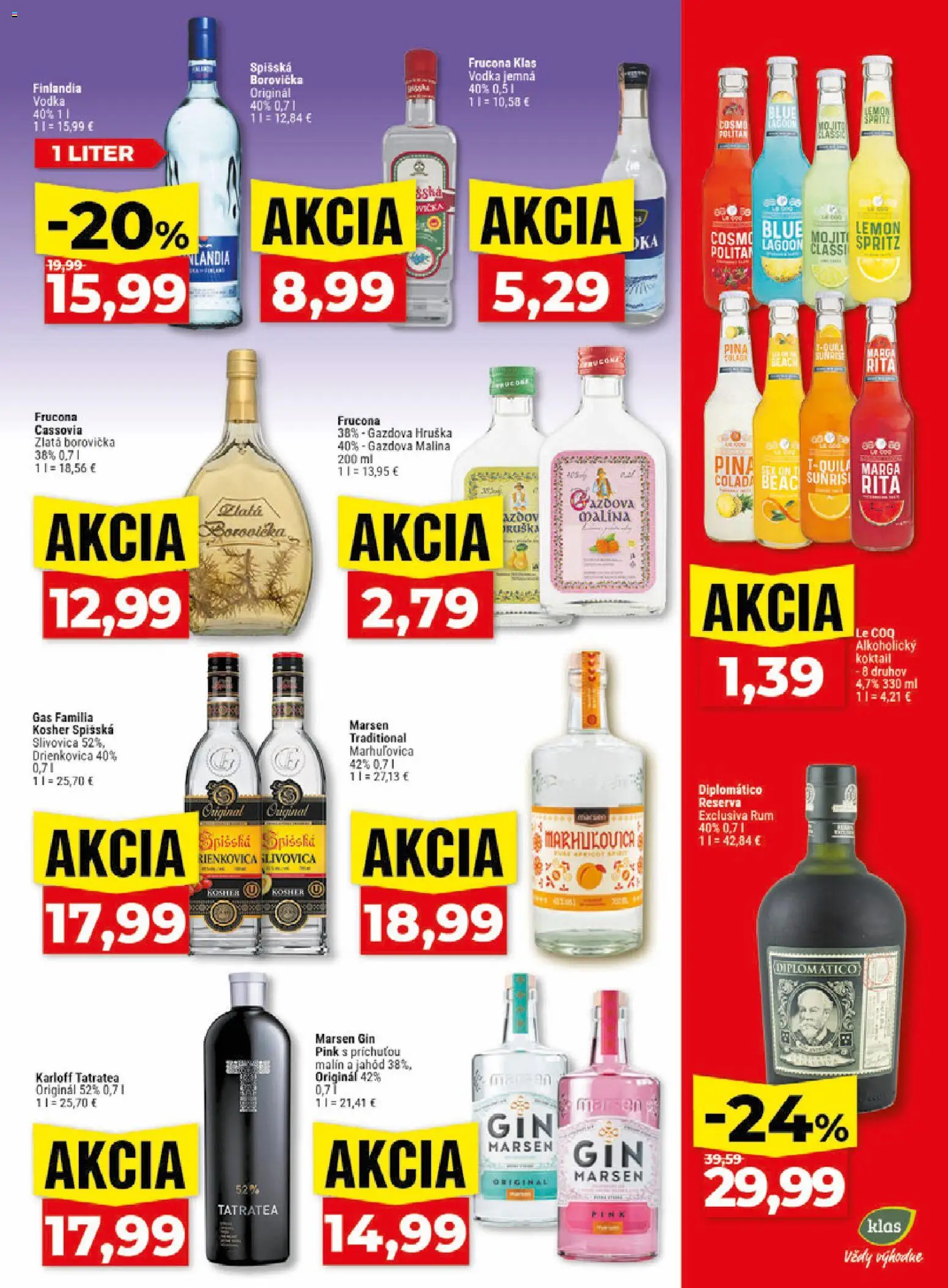 Nové Klas akcie – leták je platný od 15.06.2026 | Strana: 22 | Produkty: Slivovica, Gin, Vodka, Rum
