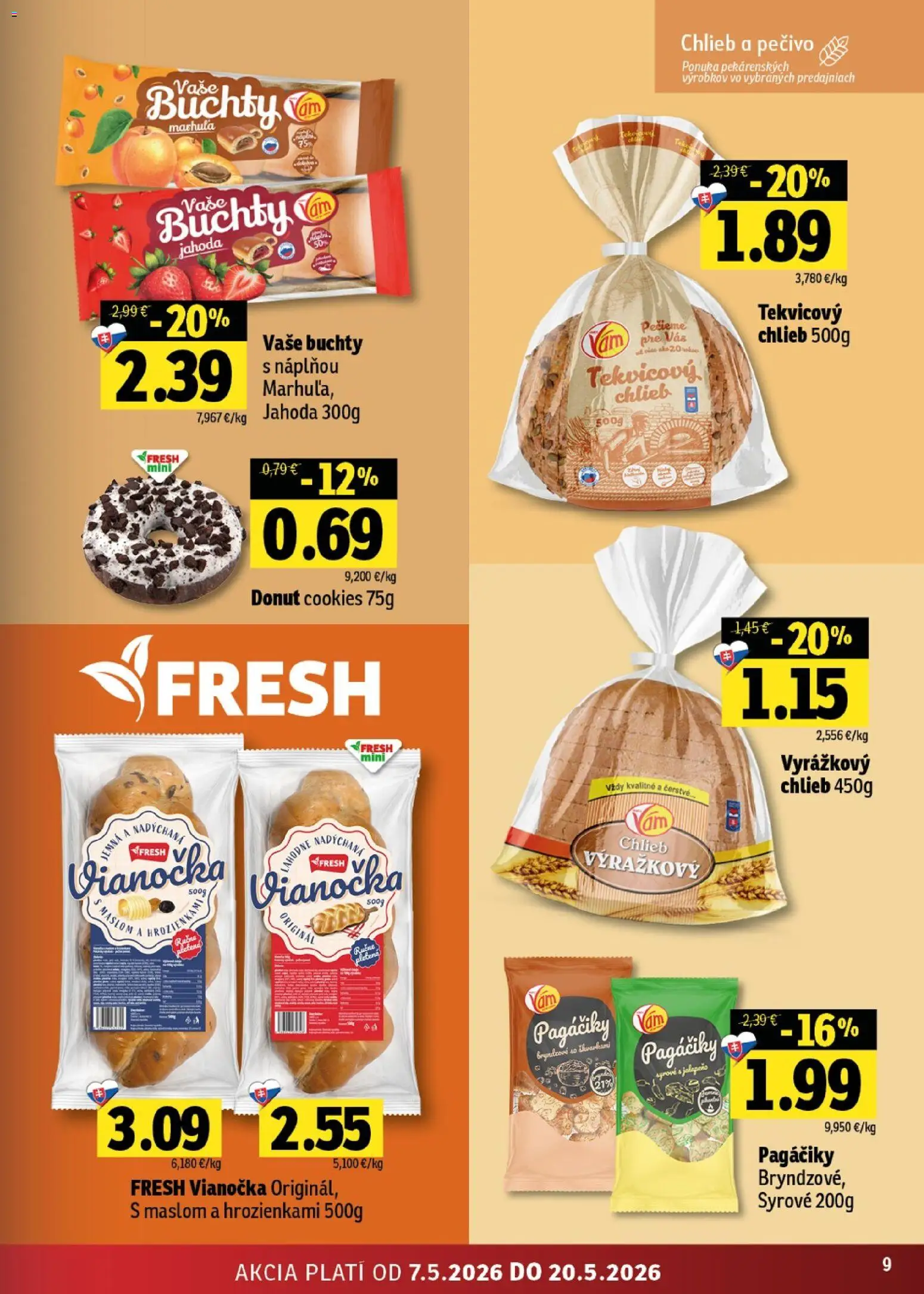 Nové Fresh akcie – leták je platný od 07.05.2026 | Strana: 9 | Produkty: Chlieb, Donut, Vianočka
