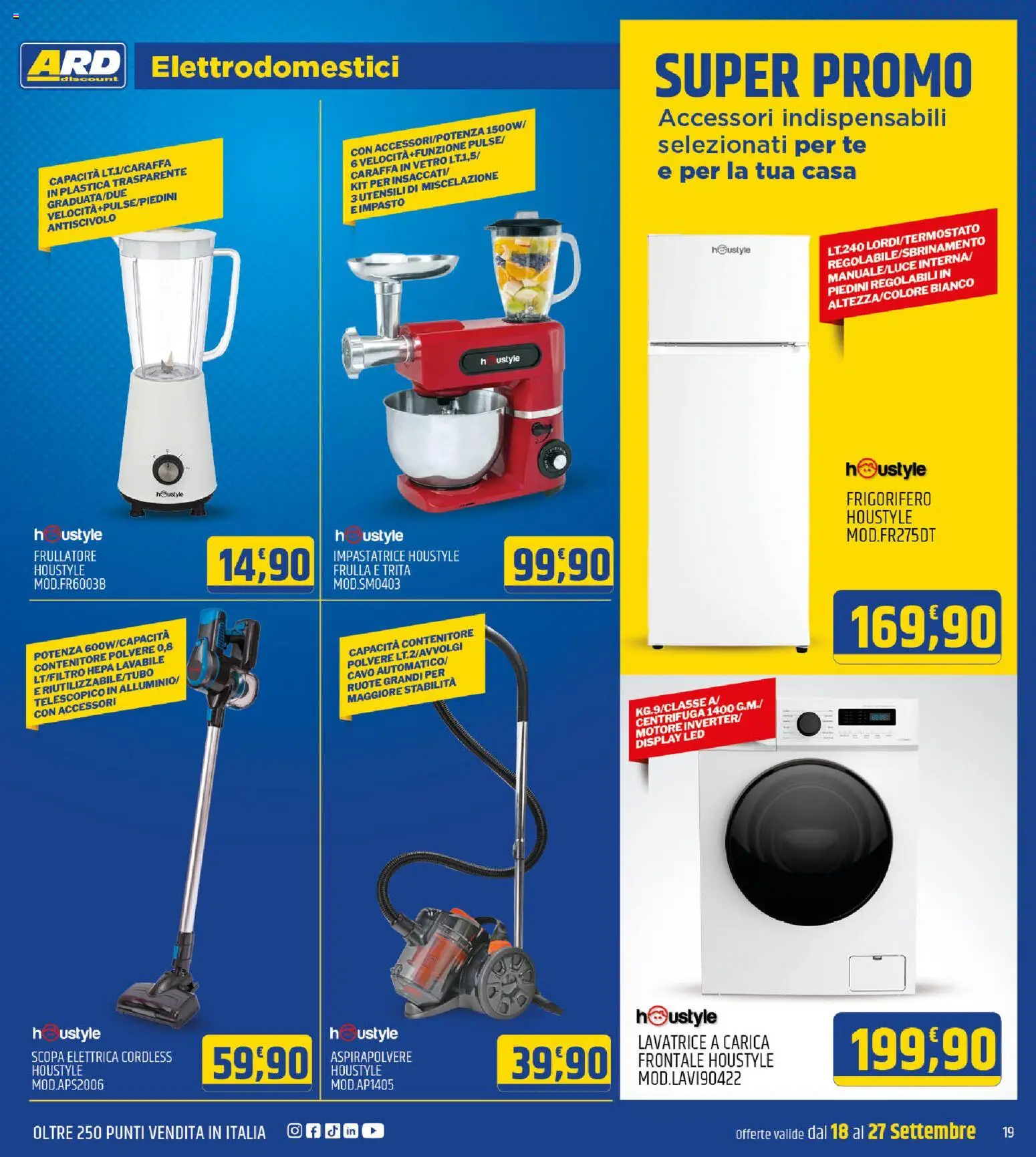 Volantino ARD Discount del 18/09/2026 | Pagina: 19 | Prodotti: Frullatore, Lavatrice, Scopa, Cavo