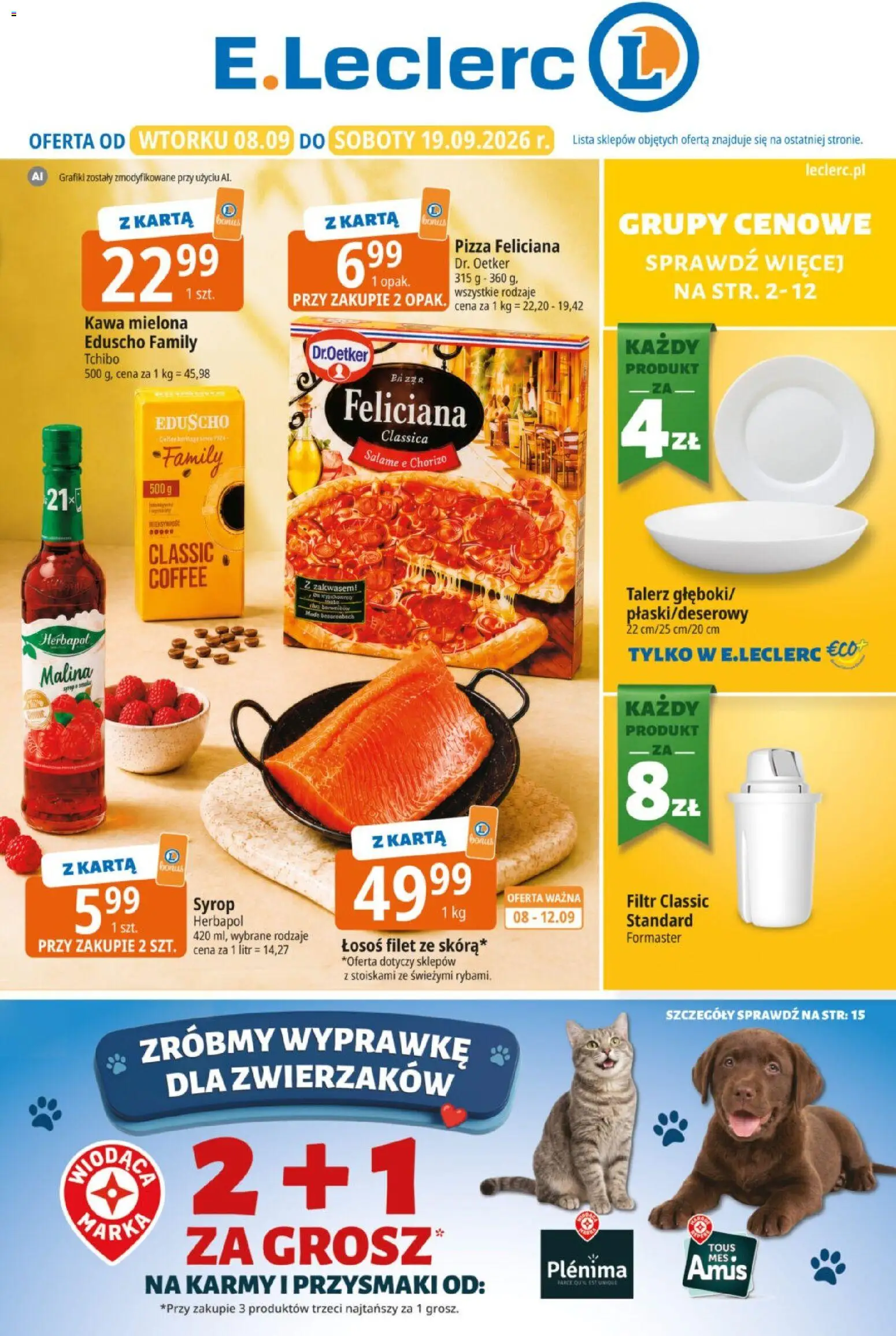 E.Leclerc gazetka od 08.09.2026 | Strona: 1 | Produkty: Karta, Łosoś, Filet, Pizza Feliciana