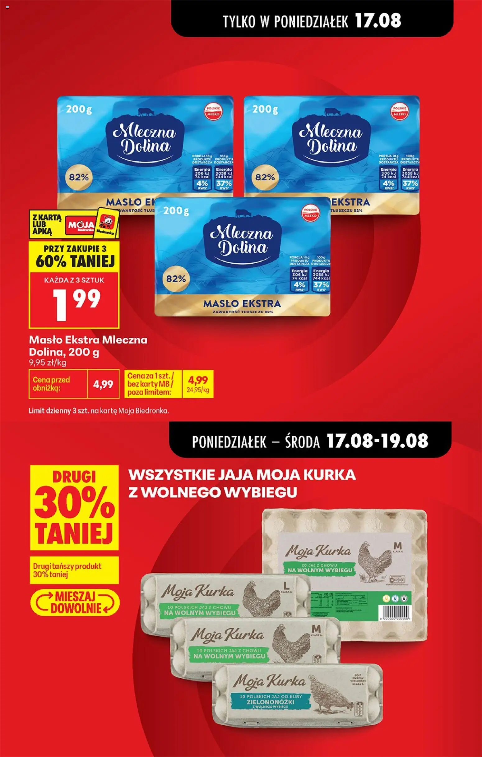 Biedronka gazetka od poniedziałku od 17.08.2026 | Strona: 3 | Produkty: Karta, Mleko mleczna dolina, Mleko, Jaja