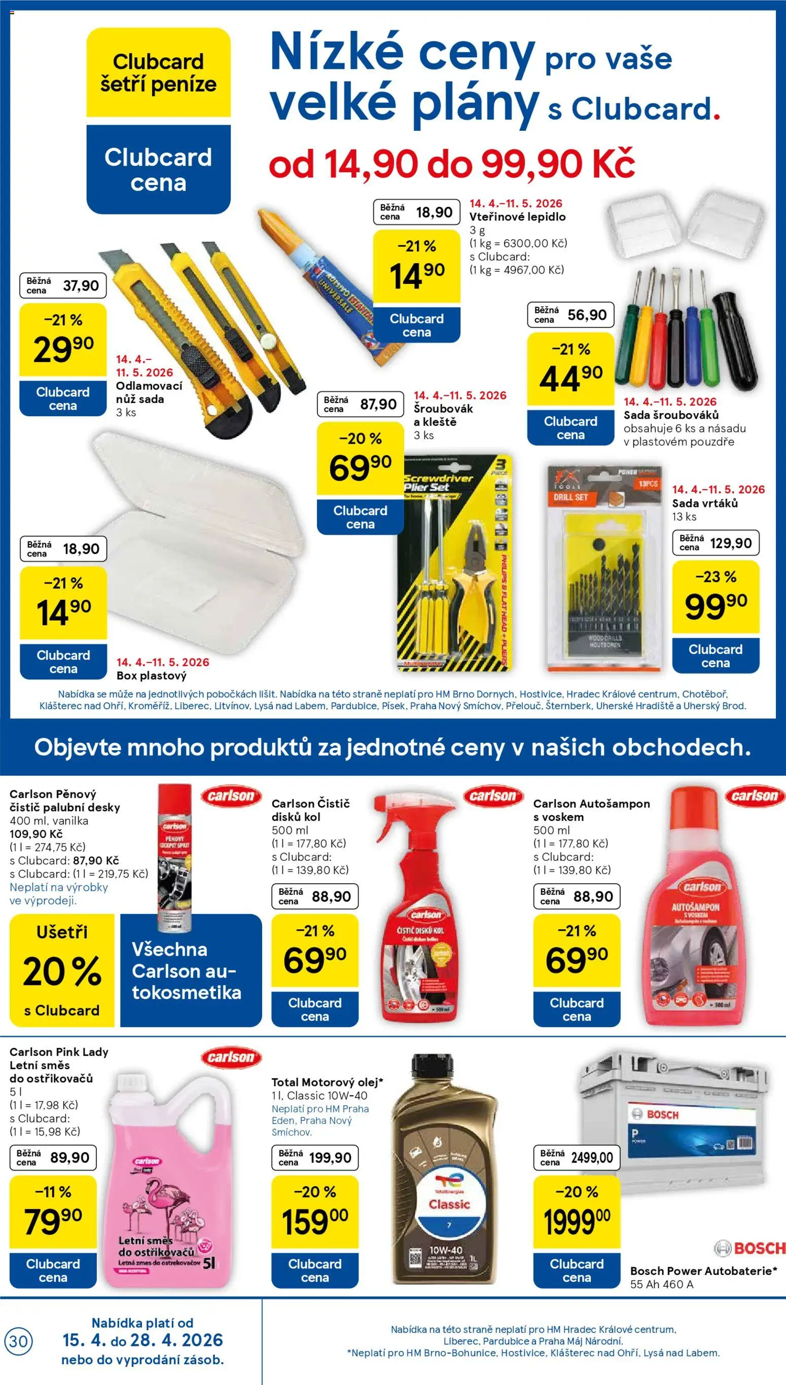 Tesco leták - Hypermarket od 15.04.2026 | Strana: 30 | Produkty: Autobaterie Bosch, Šroubovák, Motorový olej, Pink Lady