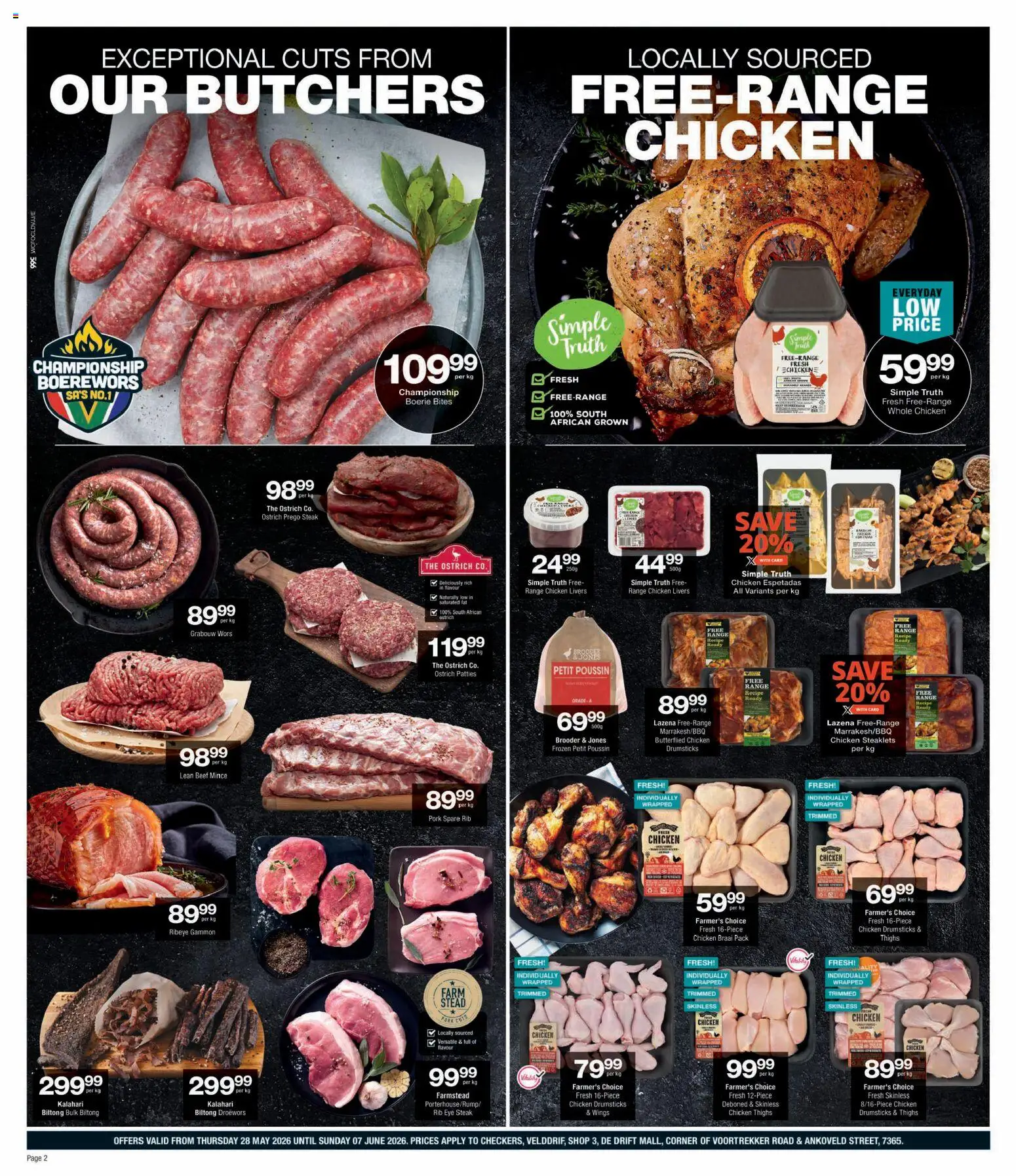 New Checkers catalogue – valid from 28.05.2026 | Page: 2 | Products: Magdalenas, Chicken, Pork, Beef