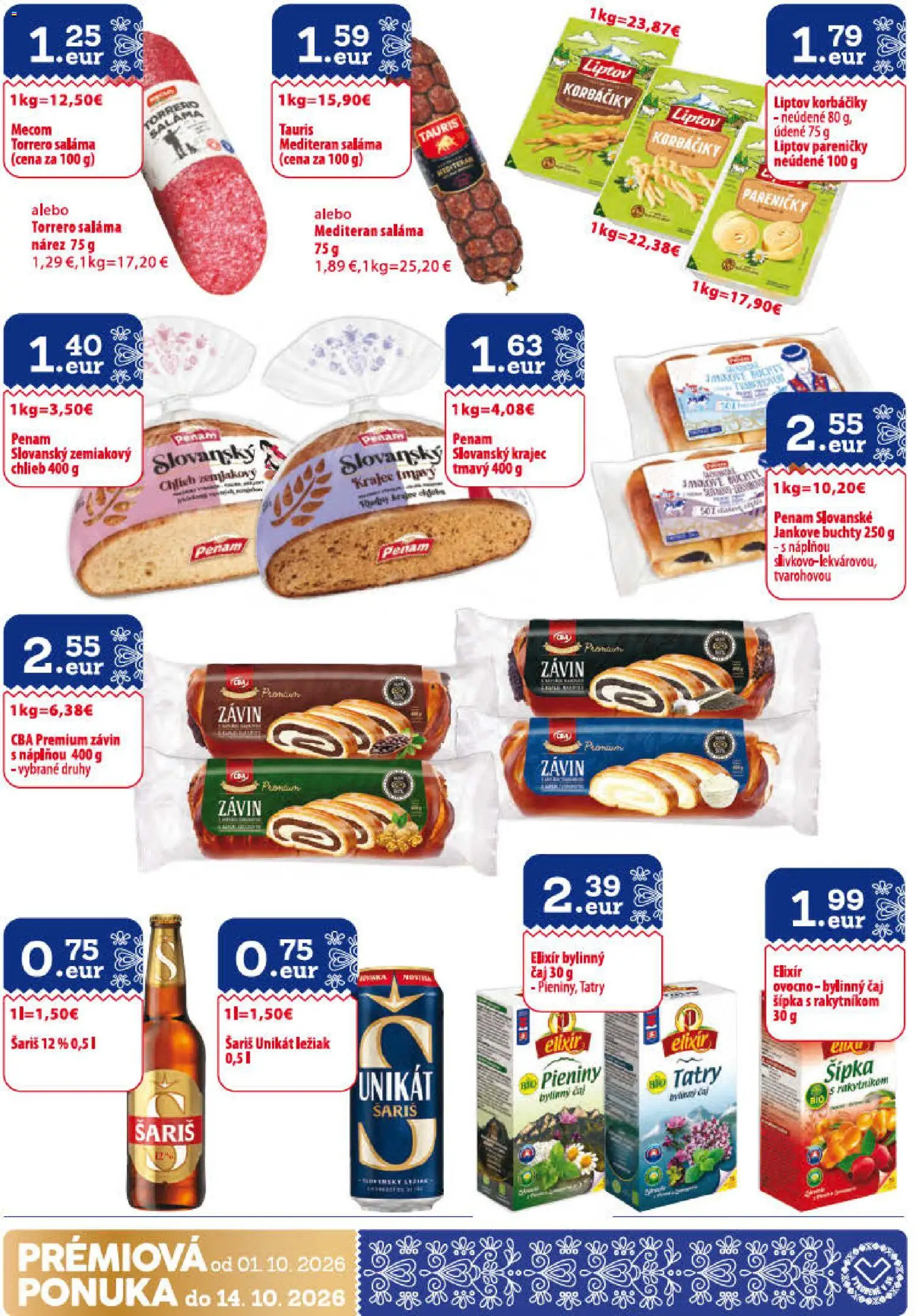 Nové CBA Verex akcie – leták je platný od 01.10.2026 | Strana: 30 | Produkty: Chlieb, Závin, Korbáčiky, Bylinný čaj