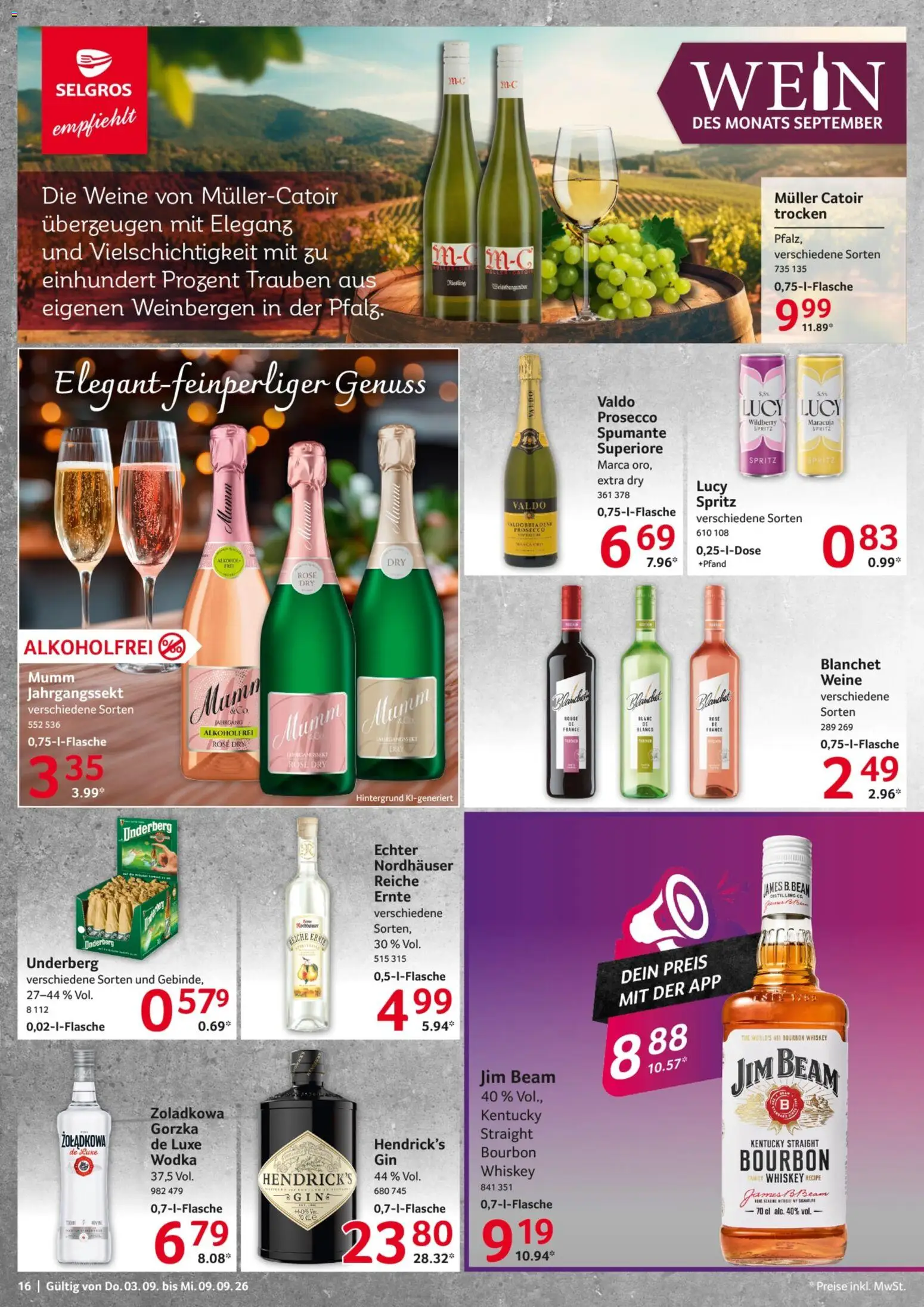 Selgros Prospekt – gültig ab 03.09.2026 | Seite: 16 | Produkte: Trauben, Prosecco, Alkohol, Underberg