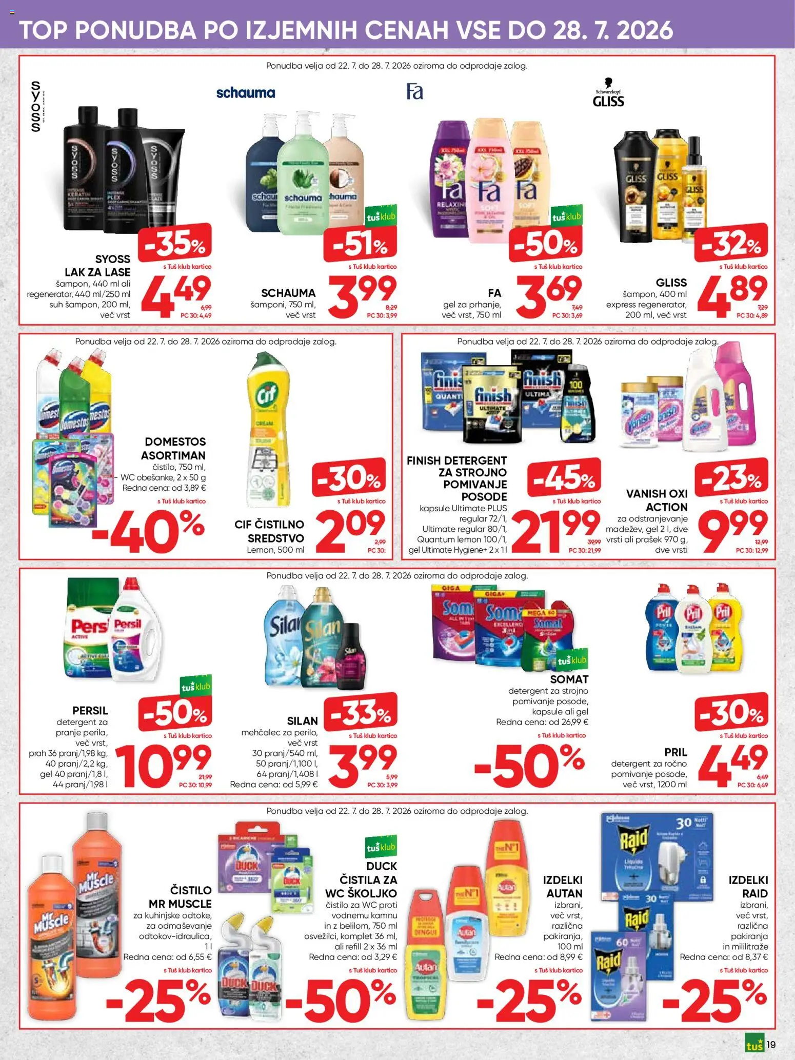 Novi Tuš katalog ponudbe – veljaven od 22.07.2026 | Stran: 19 | Izdelki: Mehčalec, Čistila, Detergent, Lak
