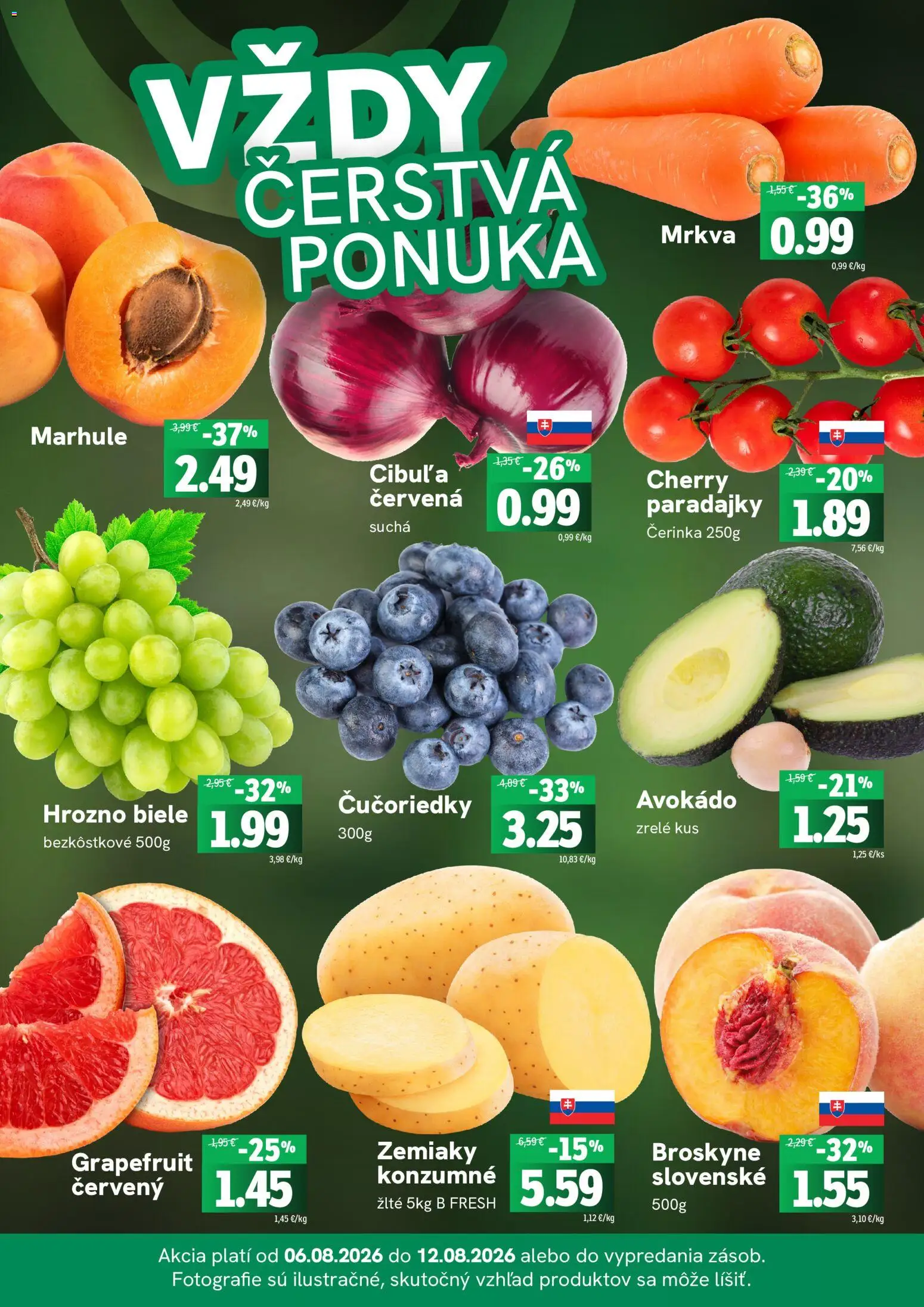 Nové Fresh akcie – leták je platný od 06.08.2026 | Strana: 3 | Produkty: Paradajky, Mrkva, Zemiaky, Broskyne