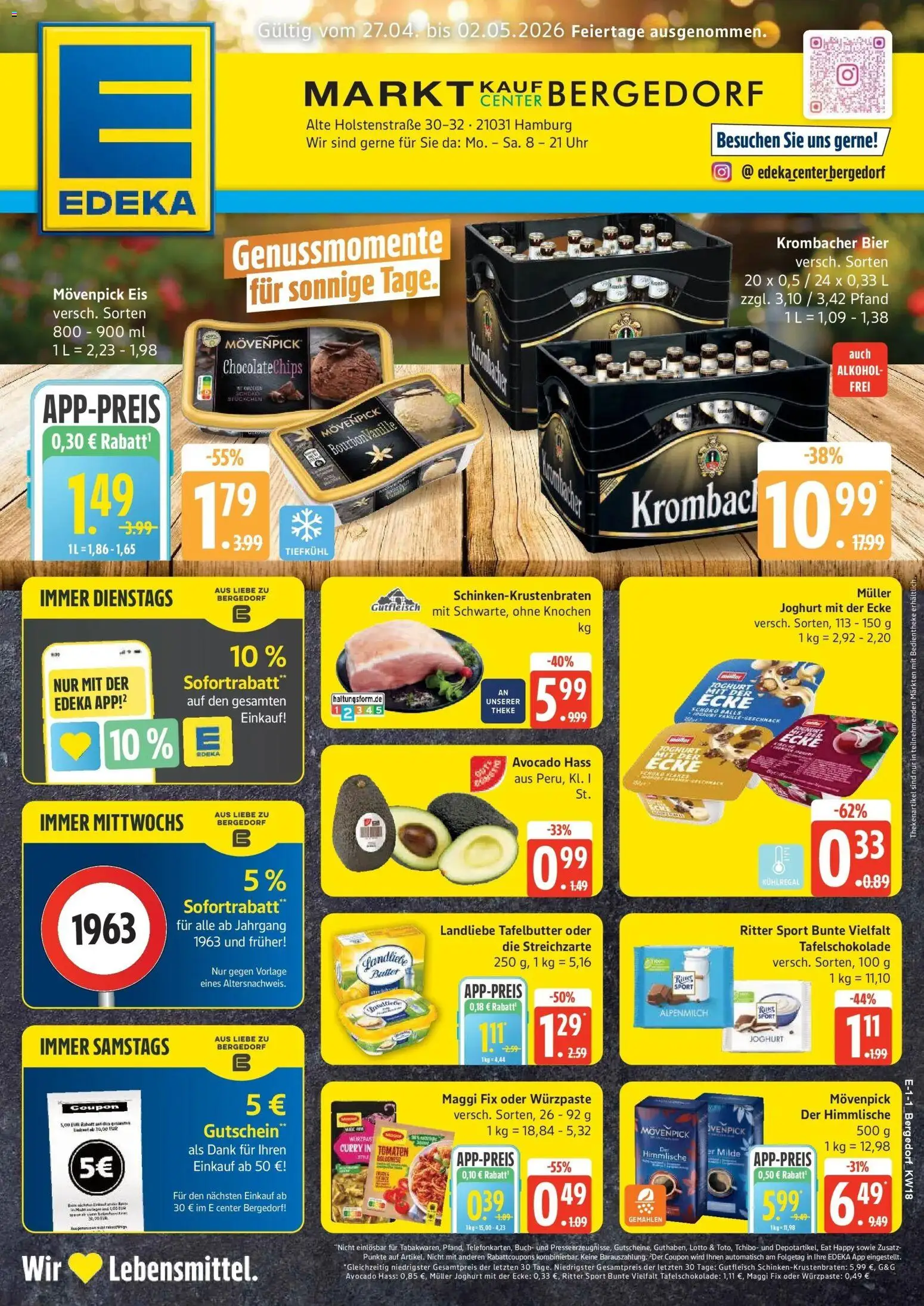 Edeka Prospekt Hamburg – gültig ab 27.04.2026 | Seite: 1 | Produkte: Joghurt, Tomaten, Movenpick eis, Eis