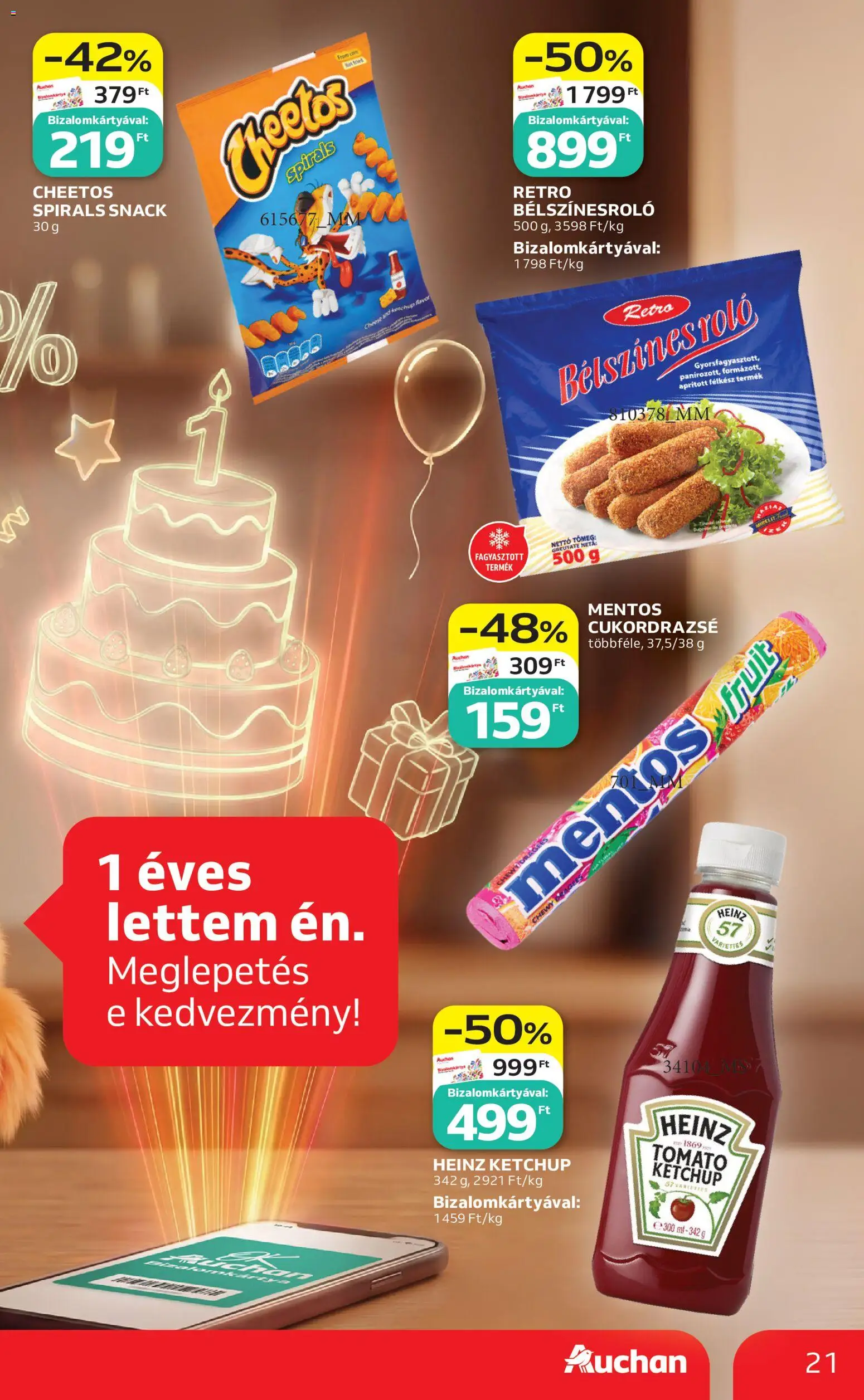 Auchan akciós ujság - amely érvényes a következő dátumtól: 21.05.2026 | Oldal: 21 | Termékek: Cheetos, Ketchup