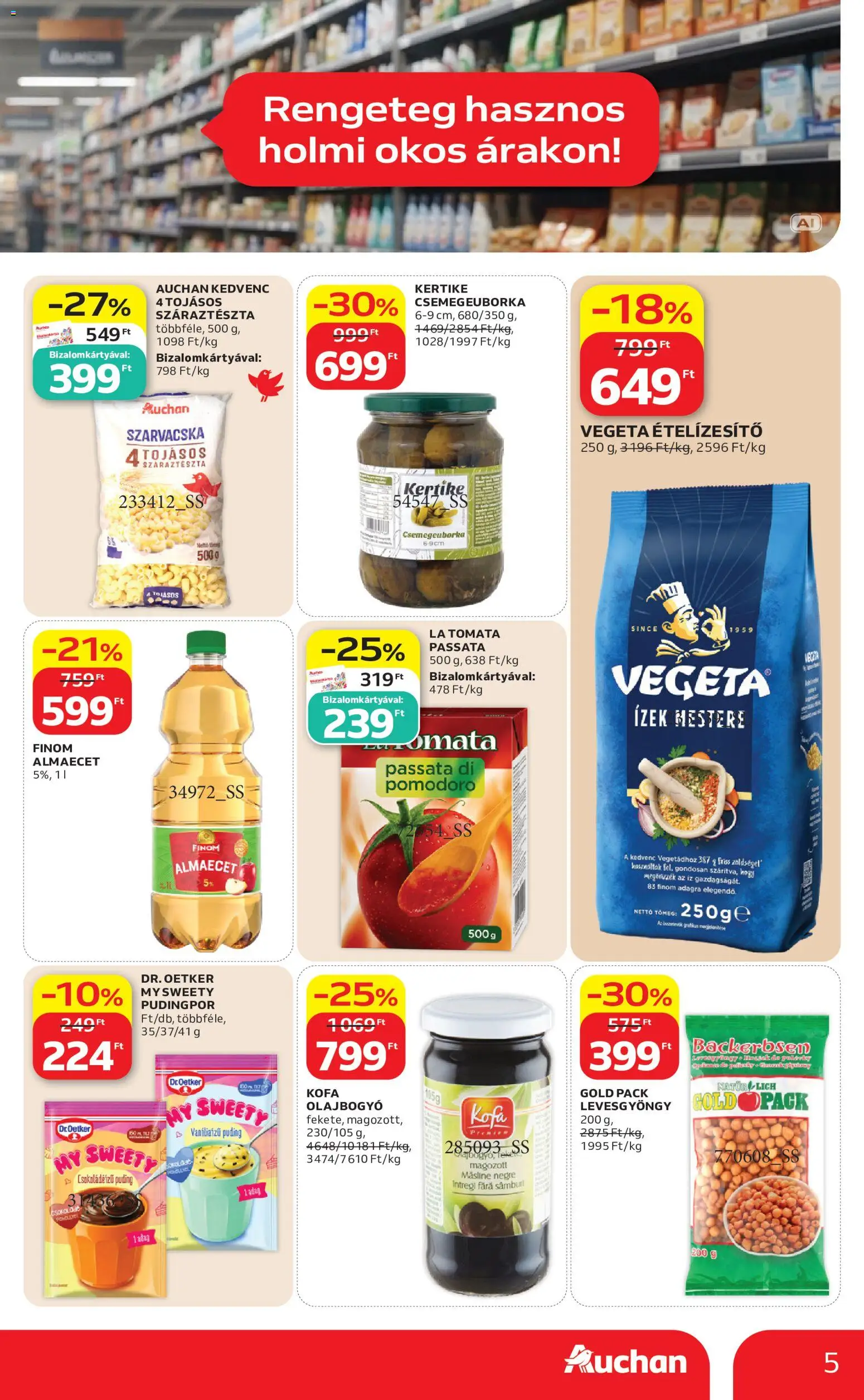 Auchan akciós ujság - amely érvényes a következő dátumtól: 2026.10.29. | Oldal: 5 | Termékek: Pudingpor, Cider, Olajbogyó, Csemegeuborka