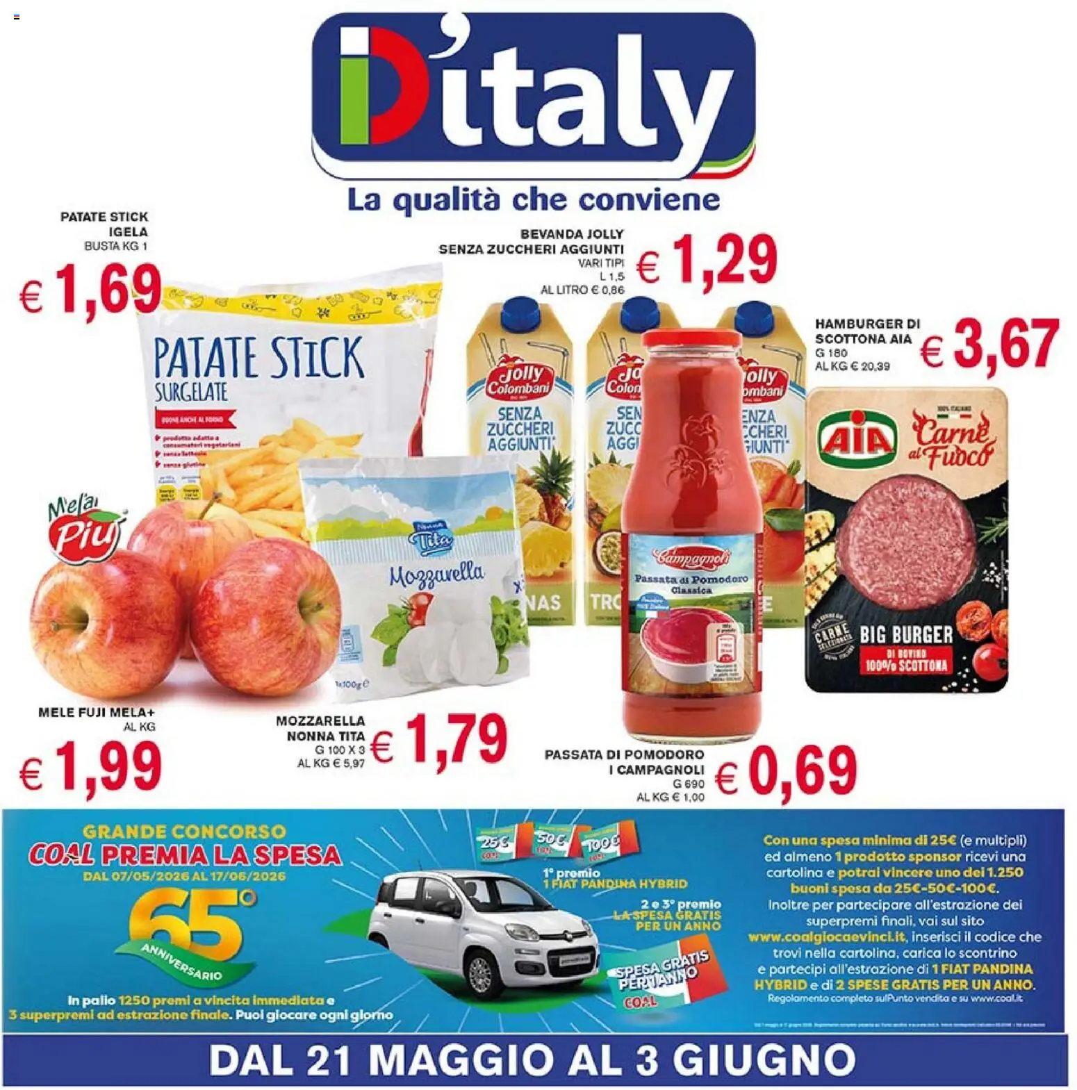 Volantino Coal del 21.05.2026 | Pagina: 1 | Prodotti: Bovino, Mozzarella, Passata di pomodoro, Hamburger