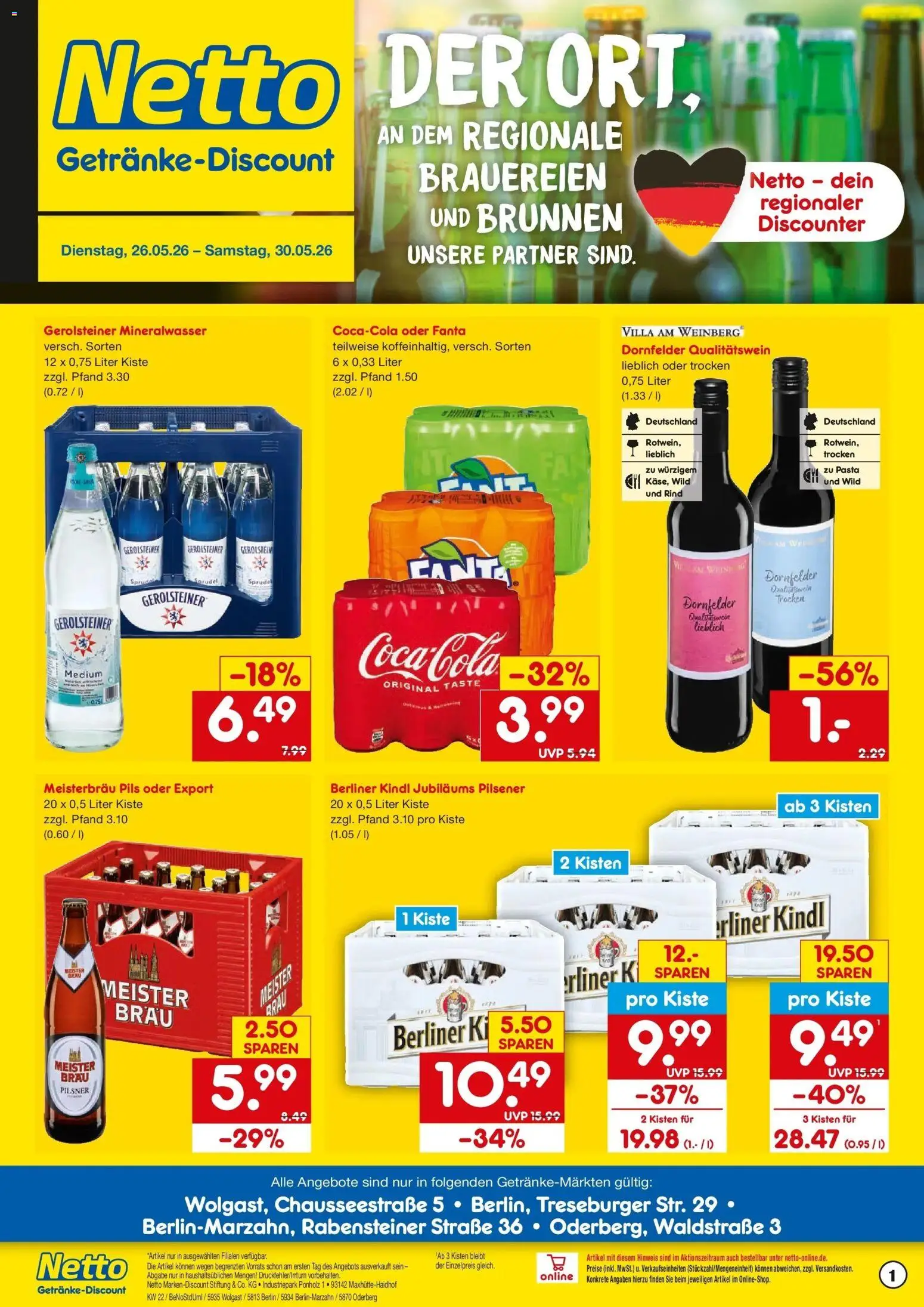 Netto Marken-Discount Prospekt Berlin – gültig ab 26.05.2026 | Seite: 1 | Produkte: Fanta, Pils, Pasta, Gerolsteiner