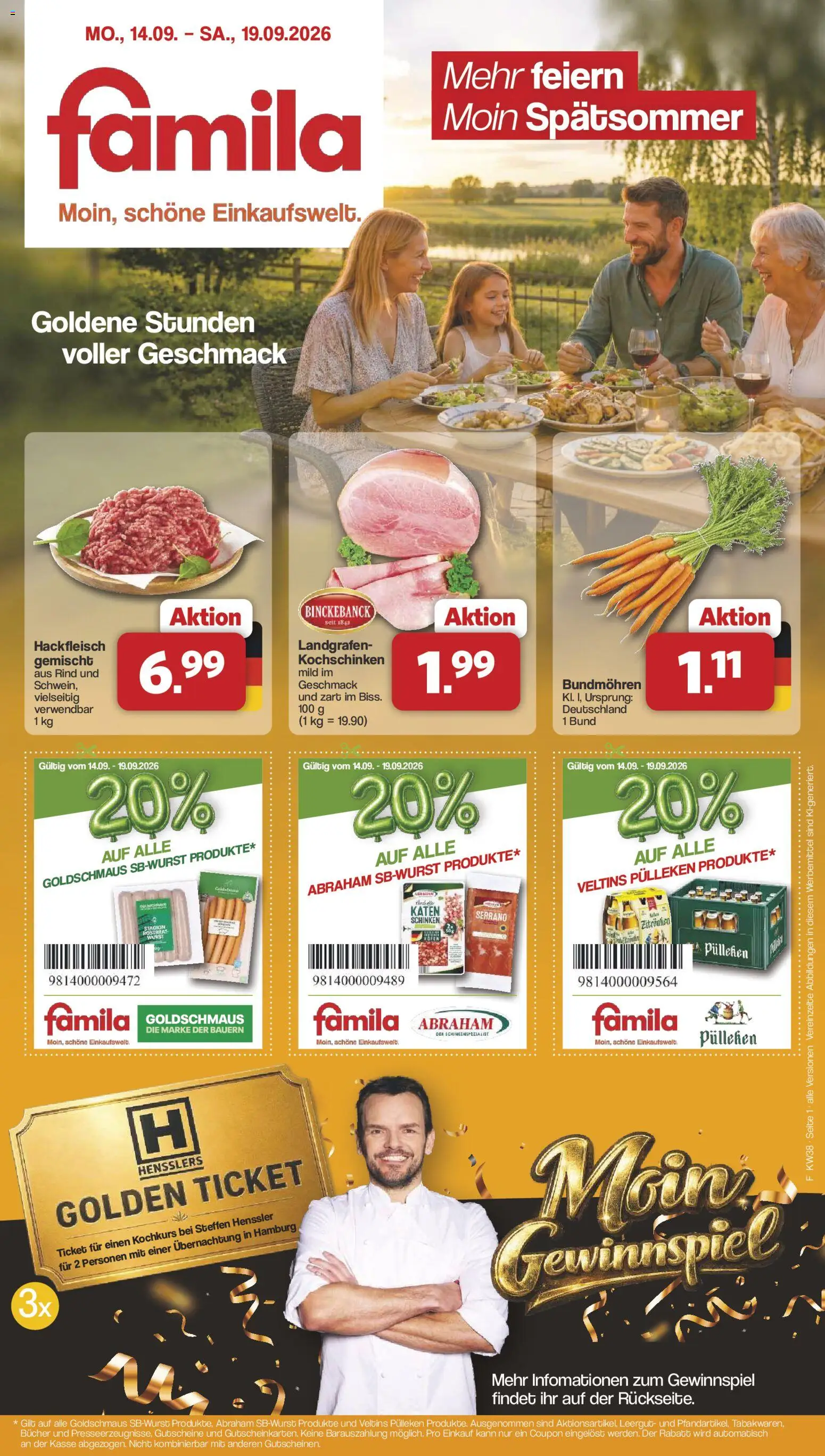 Famila Nordwest Sonderangebote – gültig ab 14.09.2026 | Seite: 1 | Produkte: Veltins pulleken, Wurst, Veltins, Hackfleisch