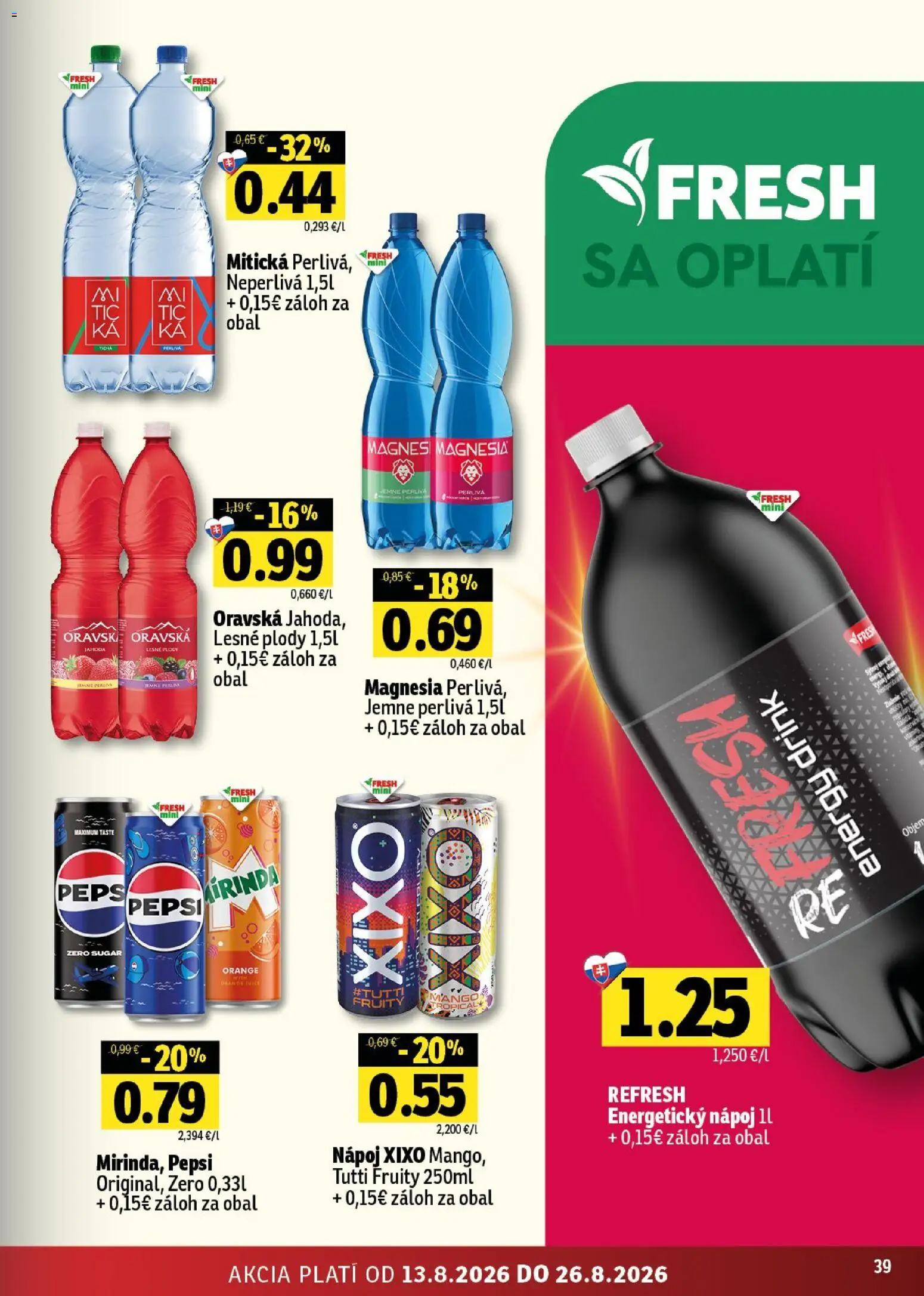 Nové Fresh akcie – leták je platný od 13.08.2026 | Strana: 39 | Produkty: Magnesia, Pepsi, Lesné plody, Energetický nápoj