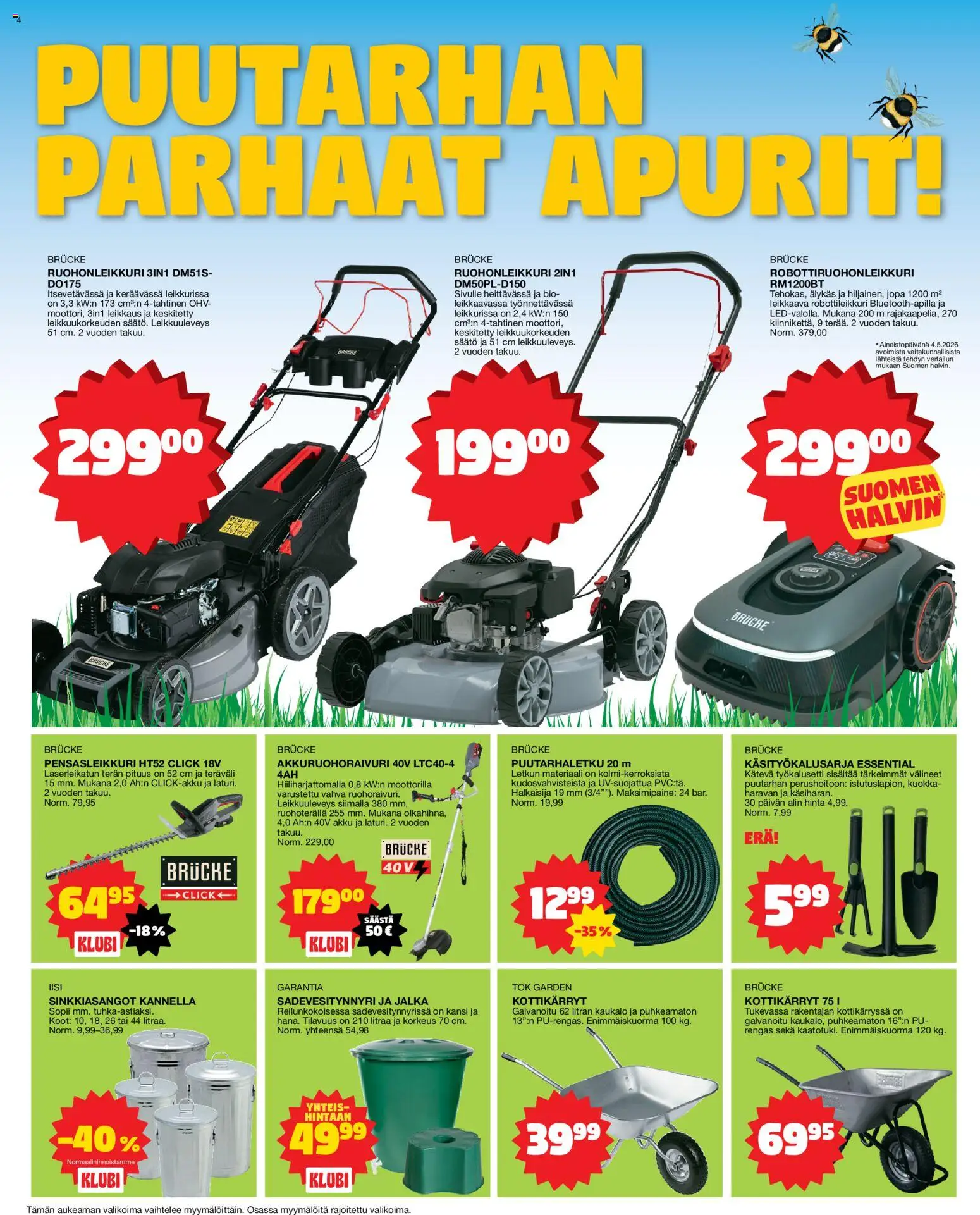 Tokmanni tarjoukset – voimassa 18.05.2026 alkaen | Sivu: 4 | Tuotteet: Puutarhaletku, Robottiruohonleikkuri, Pensasleikkuri, Kottikärryt