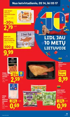 LIDL leidinys galioja nuo 11.05.2026 | Puslapis: 39 | Prekių: Vištienos, Dešrelės, Lašišos