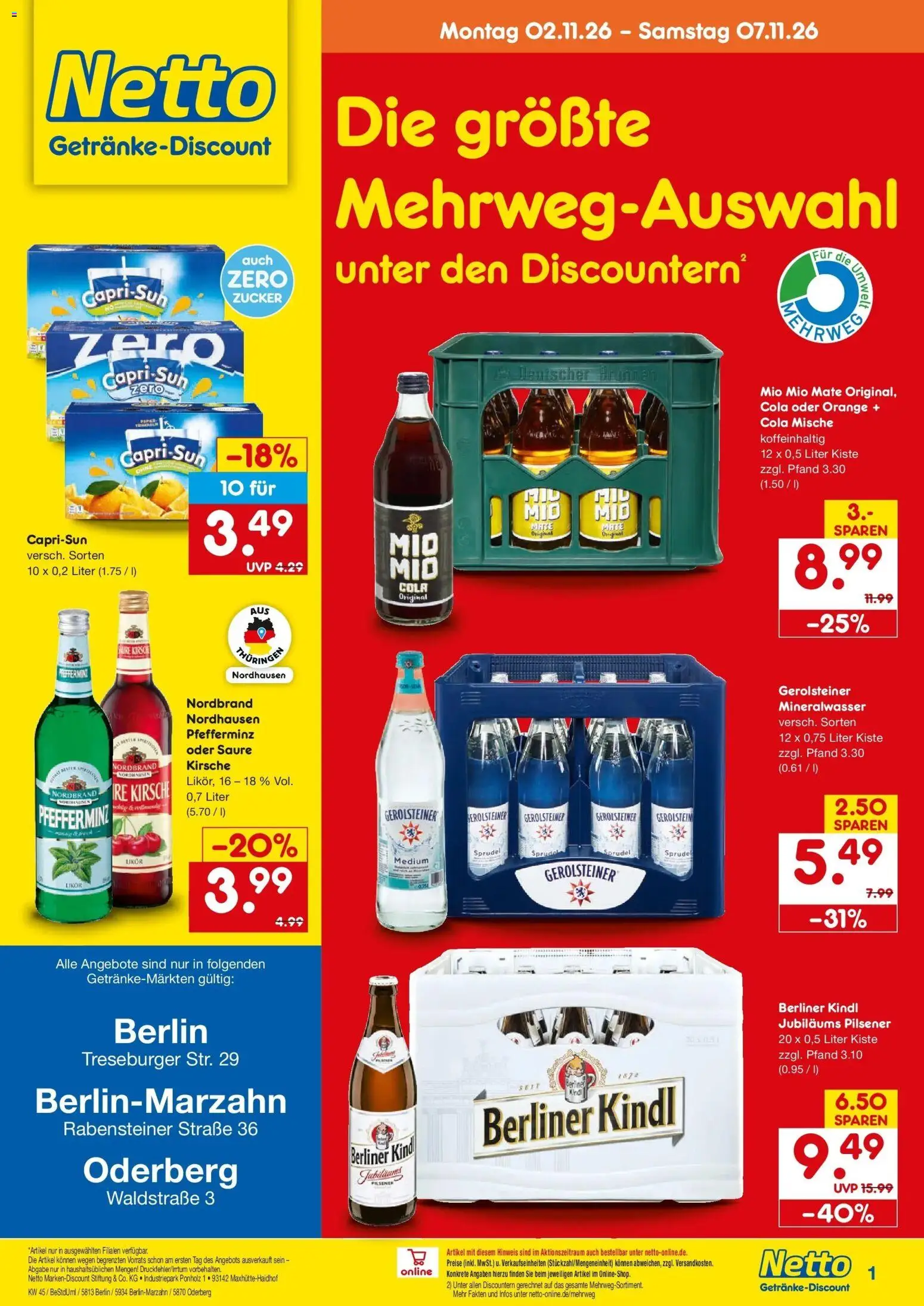 Netto Marken-Discount Prospekt Oderberg (ab 02.11.2026) » Angebote | Seite: 1 | Produkte: Berliner, Cola, Likör, Gerolsteiner