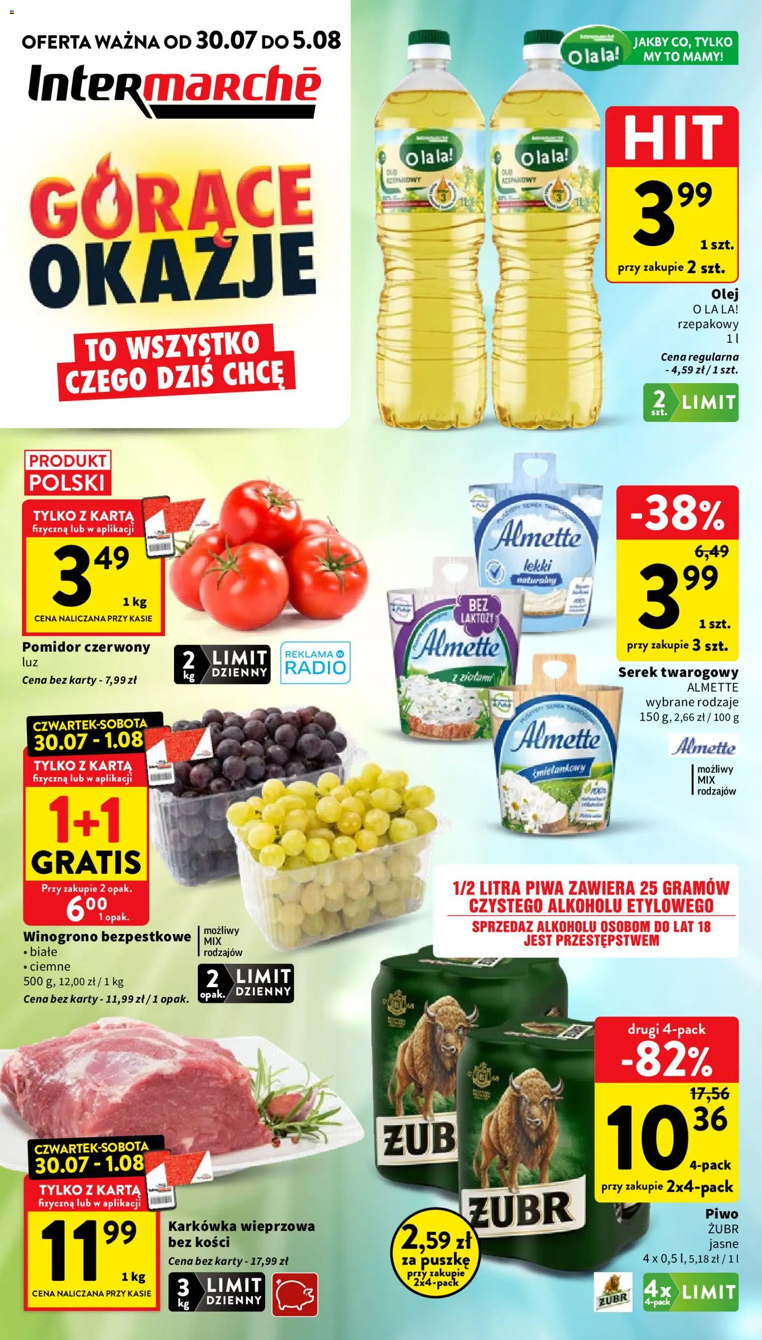 Intermarche gazetka od 30.07.2026 | Strona: 1 | Produkty: Karta, Winogrono, Karkówka wieprzowa, Piwo