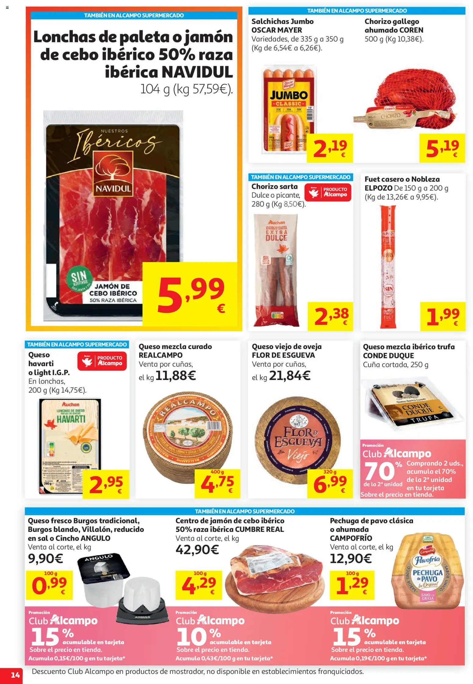 Alcampo HG Unico National │ válido desde el 19.05.2026 | Página: 14 | Productos: Queso, Jamón, Queso fresco, Cuna