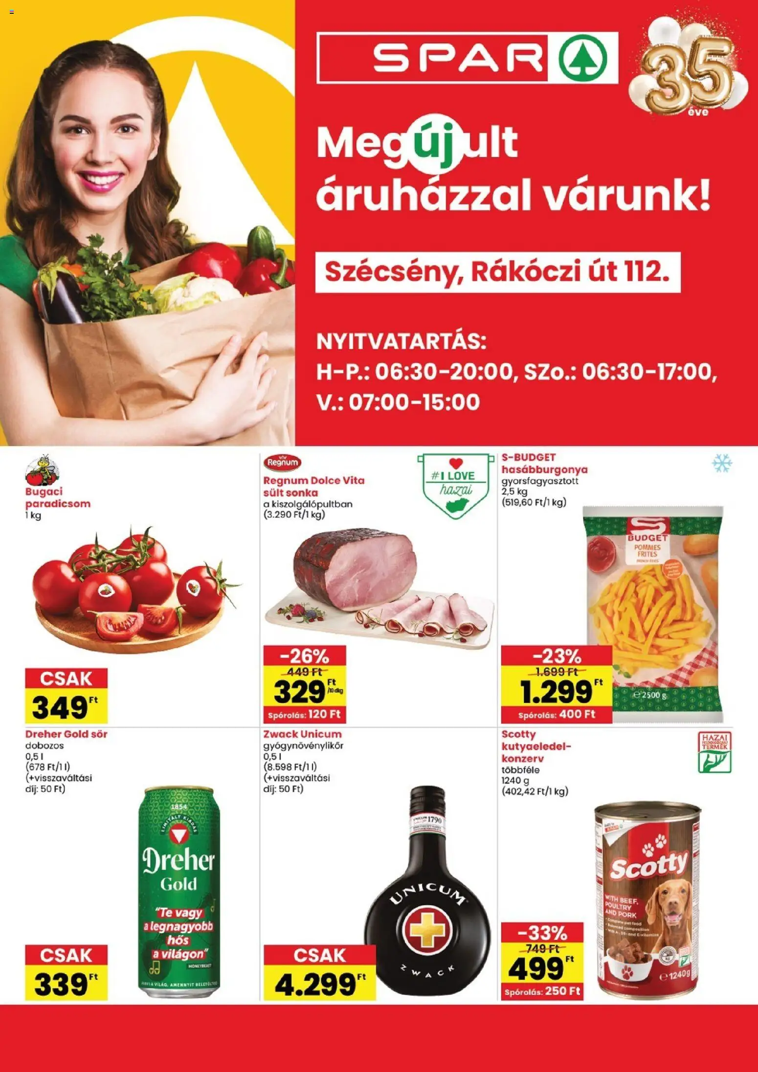 Spar akciós ujság - amely érvényes a következő dátumtól: 2026.07.16. | Oldal: 1 | Termékek: Kutyaeledel, Sonka, Paradicsom, Hasábburgonya