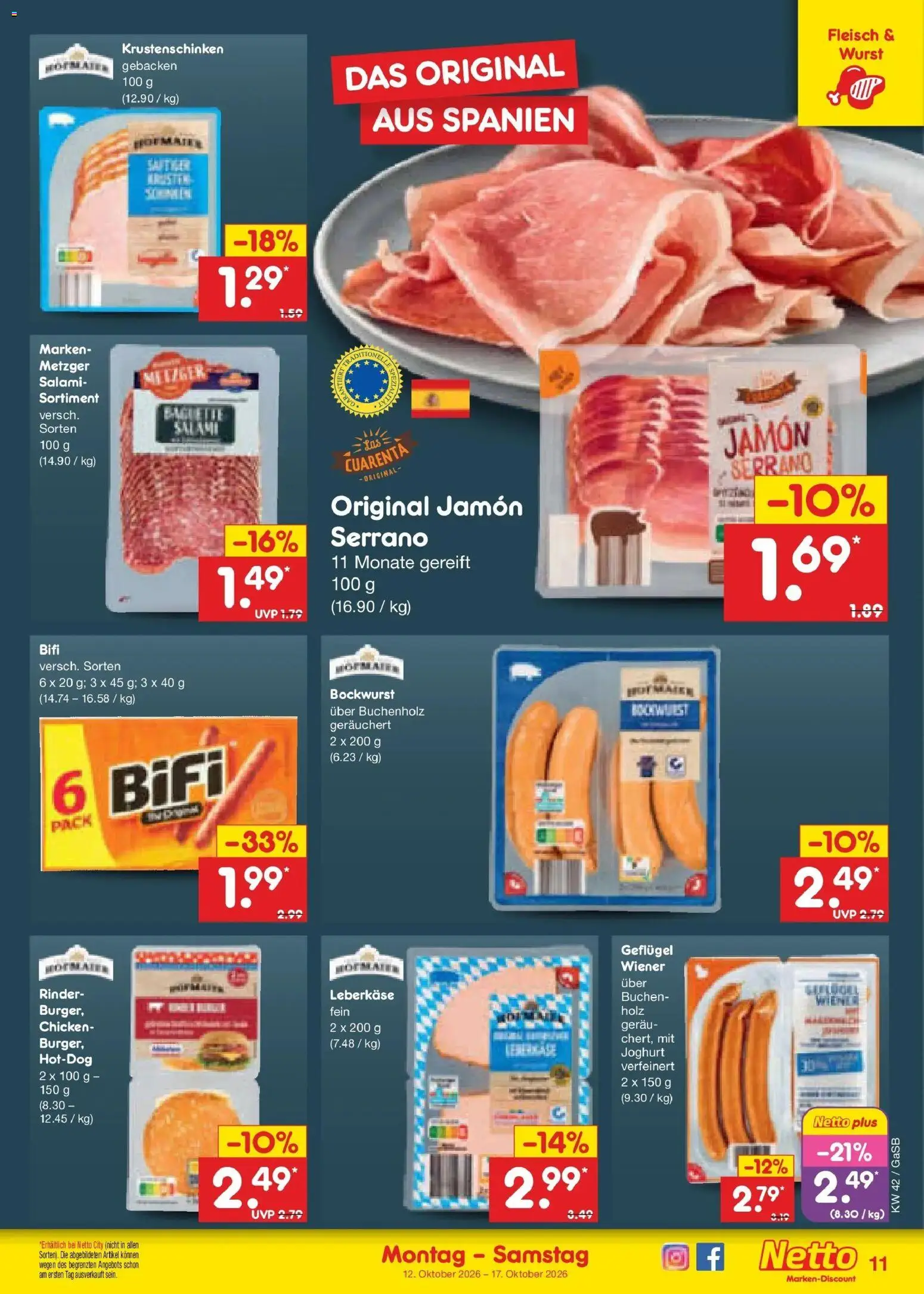 Netto Marken-Discount Prospekt Oldenburg (ab 12.10.2026) » Angebote | Seite: 13 | Produkte: Bockwurst, Joghurt, Bifi, Fleisch