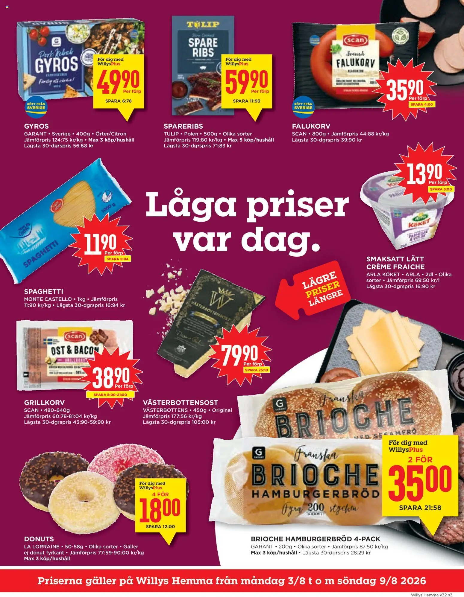Willys reklamblad aktuell från 03/08/2026 | Sida: 3 | Produkter: Bacon, Hamburgerbröd, Grillkorv, Creme fraiche