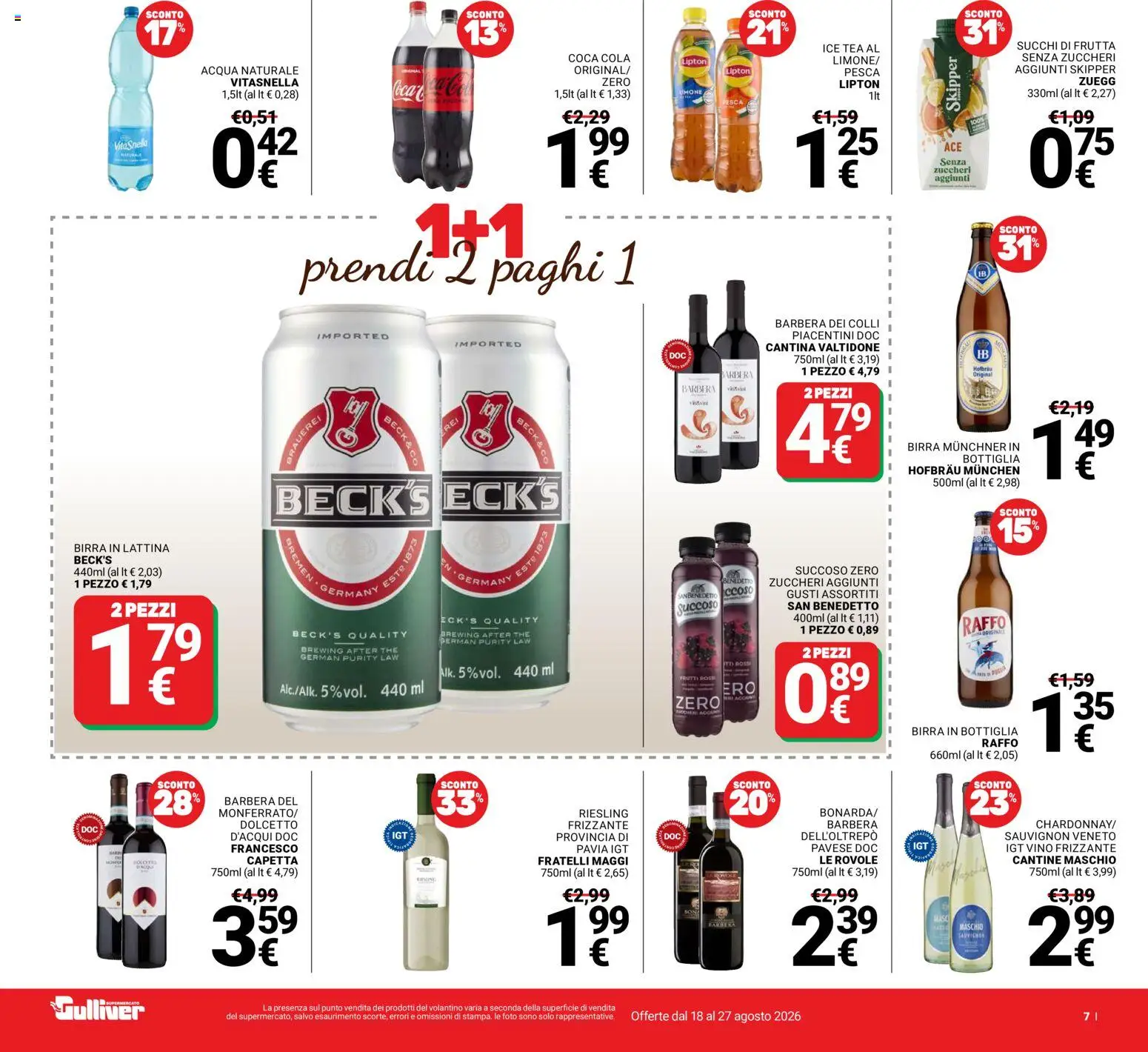Volantino Gulliver del 18/08/2026 | Pagina: 7 | Prodotti: Birra in lattina, Frutta, Vino, Bottiglia
