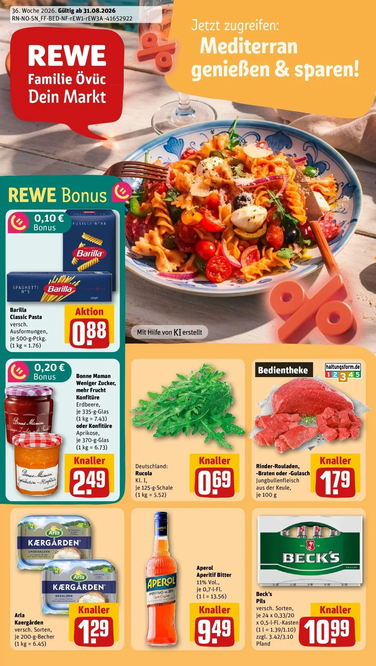 REWE Prospekt ab 31.08.2026 zum Blättern » Angebote | Seite: 1 | Produkte: Spaghetti, Pils, Aperol, Bonne maman